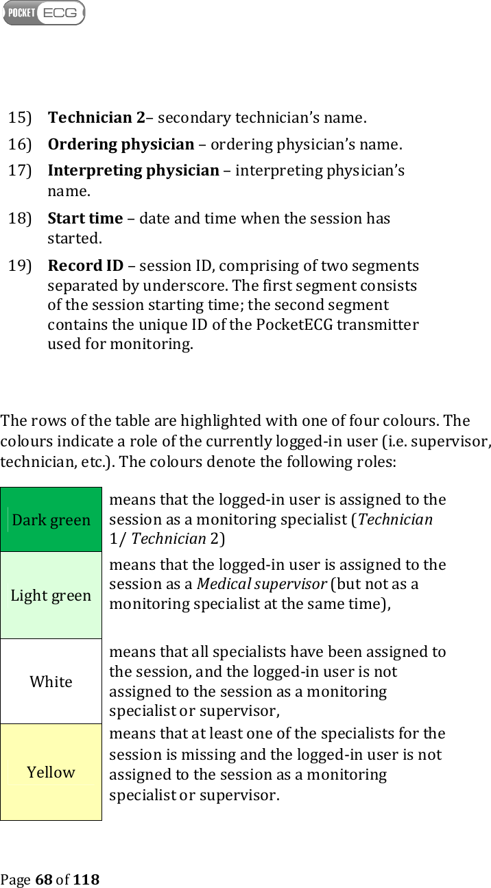    Page 68 of 118  15) Technician 2– secondary technician’s name. 16) Ordering physician – ordering physician’s name. 17) Interpreting physician – interpreting physician’s name.  18) Start time – date and time when the session has started. 19) Record ID – session ID, comprising of two segments separated by underscore. The first segment consists of the session starting time; the second segment contains the unique ID of the PocketECG transmitter used for monitoring.  The rows of the table are highlighted with one of four colours. The colours indicate a role of the currently logged-in user (i.e. supervisor, technician, etc.). The colours denote the following roles: Dark green means that the logged-in user is assigned to the session as a monitoring specialist (Technician 1/ Technician 2) Light green means that the logged-in user is assigned to the session as a Medical supervisor (but not as a monitoring specialist at the same time),  White means that all specialists have been assigned to the session, and the logged-in user is not assigned to the session as a monitoring specialist or supervisor, Yellow means that at least one of the specialists for the session is missing and the logged-in user is not assigned to the session as a monitoring specialist or supervisor.  