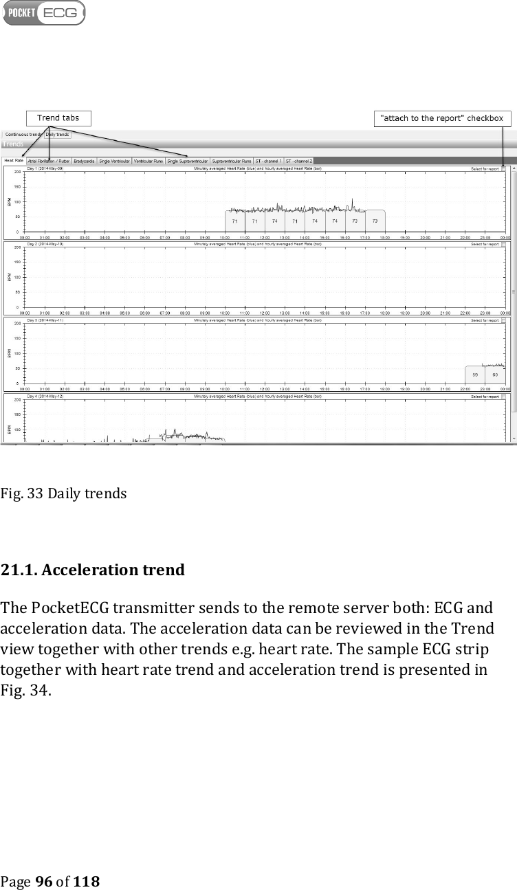    Page 96 of 118   Fig. 33 Daily trends  21.1. Acceleration trend The PocketECG transmitter sends to the remote server both: ECG and acceleration data. The acceleration data can be reviewed in the Trend view together with other trends e.g. heart rate. The sample ECG strip together with heart rate trend and acceleration trend is presented in Fig. 34. 