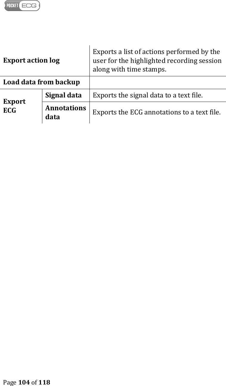    Page 104 of 118  Export action log Exports a list of actions performed by the user for the highlighted recording session along with time stamps.  Load data from backup    Export ECG  Signal data   Exports the signal data to a text file.  Annotations data  Exports the ECG annotations to a text file.  