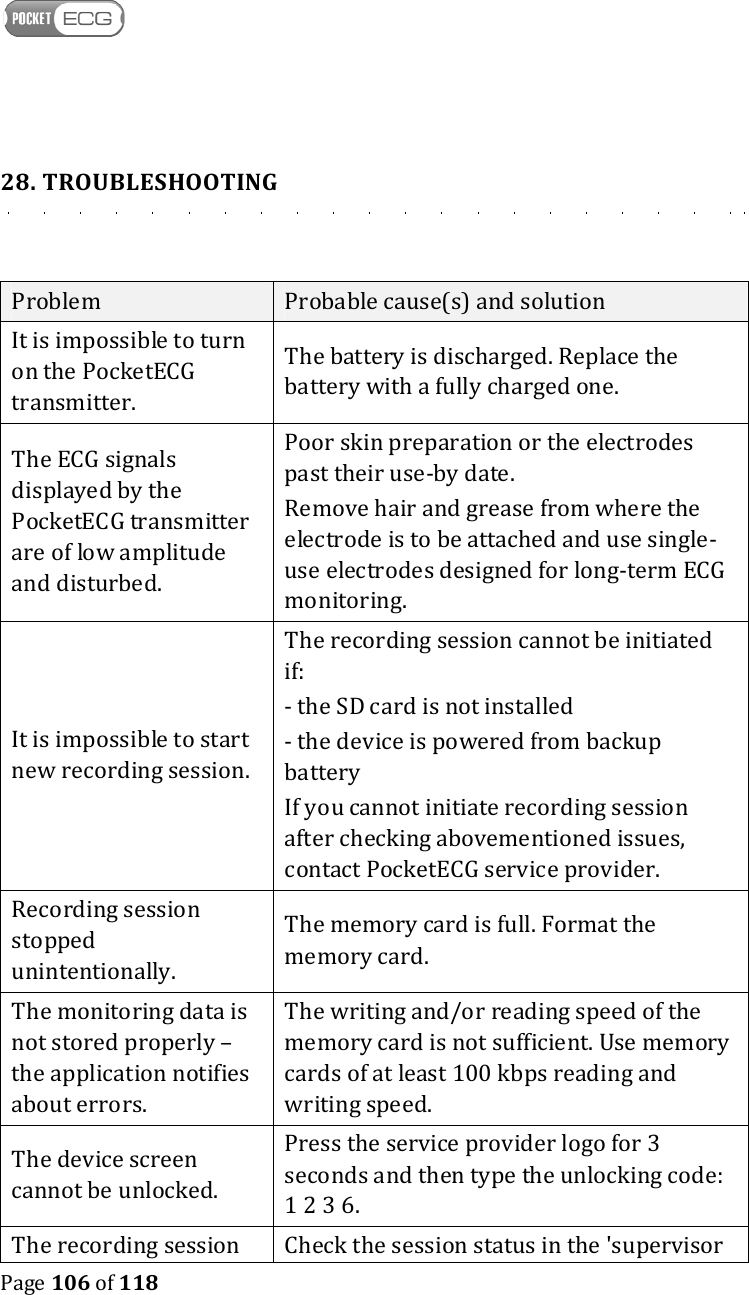    Page 106 of 118  28. TROUBLESHOOTING  Problem  Probable cause(s) and solution It is impossible to turn on the PocketECG transmitter.  The battery is discharged. Replace the battery with a fully charged one. The ECG signals displayed by the PocketECG transmitter are of low amplitude and disturbed. Poor skin preparation or the electrodes past their use-by date. Remove hair and grease from where the electrode is to be attached and use single-use electrodes designed for long-term ECG monitoring.  It is impossible to start new recording session. The recording session cannot be initiated if: - the SD card is not installed - the device is powered from backup battery If you cannot initiate recording session after checking abovementioned issues, contact PocketECG service provider. Recording session stopped unintentionally.  The memory card is full. Format the memory card. The monitoring data is not stored properly – the application notifies about errors. The writing and/or reading speed of the memory card is not sufficient. Use memory cards of at least 100 kbps reading and writing speed.  The device screen cannot be unlocked. Press the service provider logo for 3 seconds and then type the unlocking code: 1 2 3 6. The recording session  Check the session status in the &apos;supervisor 