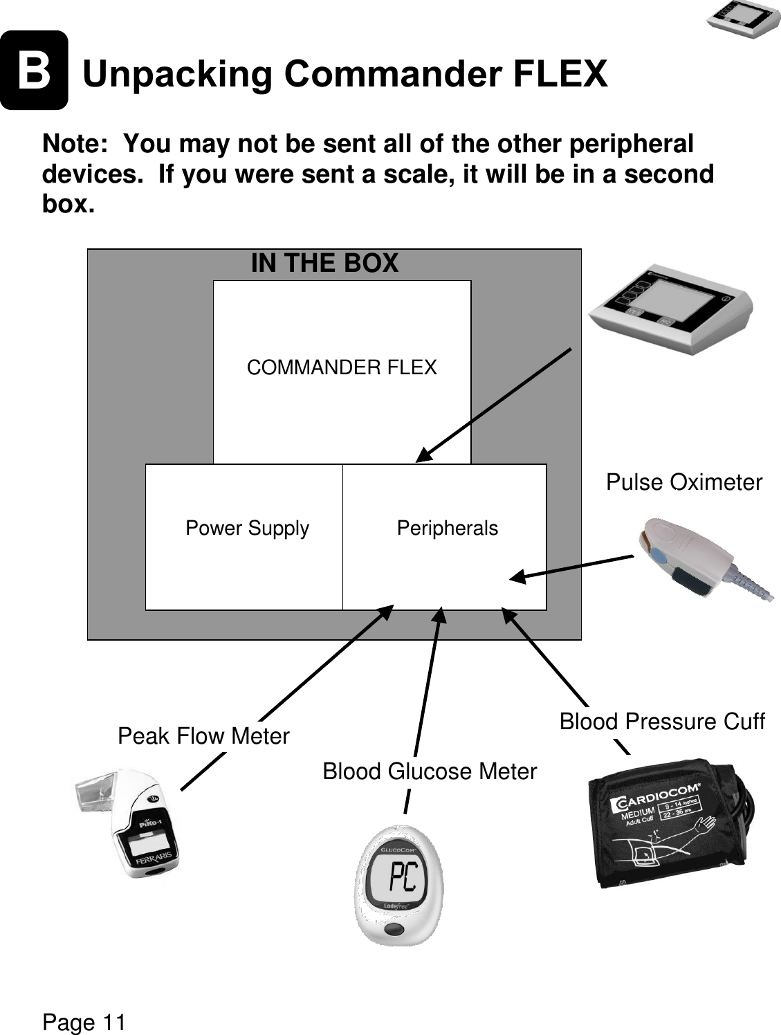   Page 11  B    COMMANDER FLEX   Power Supply     Peripherals Peak Flow Meter Blood Glucose Meter Blood Pressure Cuff Pulse Oximeter Unpacking Commander FLEX  Note:  You may not be sent all of the other peripheral devices.  If you were sent a scale, it will be in a second box.                                IN THE BOX                        