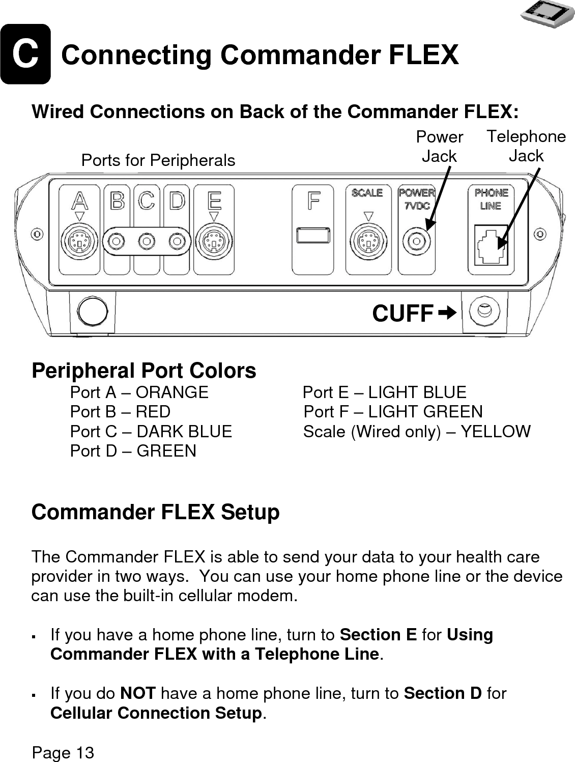   Page 13  C Connecting Commander FLEX  Wired Connections on Back of the Commander FLEX:        Peripheral Port Colors Port A – ORANGE                   Port E – LIGHT BLUE   Port B – RED                         Port F – LIGHT GREEN Port C – DARK BLUE     Scale (Wired only) – YELLOW  Port D – GREEN   Commander FLEX Setup  The Commander FLEX is able to send your data to your health care provider in two ways.  You can use your home phone line or the device can use the built-in cellular modem.   If you have a home phone line, turn to Section E for Using Commander FLEX with a Telephone Line.    If you do NOT have a home phone line, turn to Section D for Cellular Connection Setup.   CUFF Telephone Jack Power Jack Ports for Peripherals 