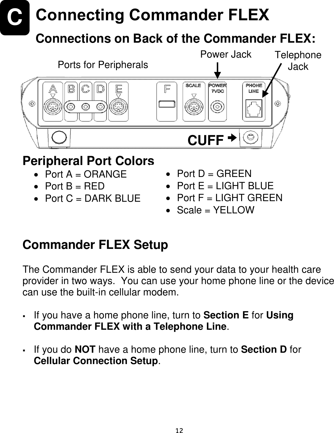     12  C  Connecting Commander FLEX  Connections on Back of the Commander FLEX:       Peripheral Port Colors   Port A = ORANGE   Port B = RED   Port C = DARK BLUE    Commander FLEX Setup  The Commander FLEX is able to send your data to your health care provider in two ways.  You can use your home phone line or the device can use the built-in cellular modem.   If you have a home phone line, turn to Section E for Using Commander FLEX with a Telephone Line.    If you do NOT have a home phone line, turn to Section D for Cellular Connection Setup.     CUFF Telephone Jack Power Jack Ports for Peripherals   Port D = GREEN   Port E = LIGHT BLUE   Port F = LIGHT GREEN   Scale = YELLOW 