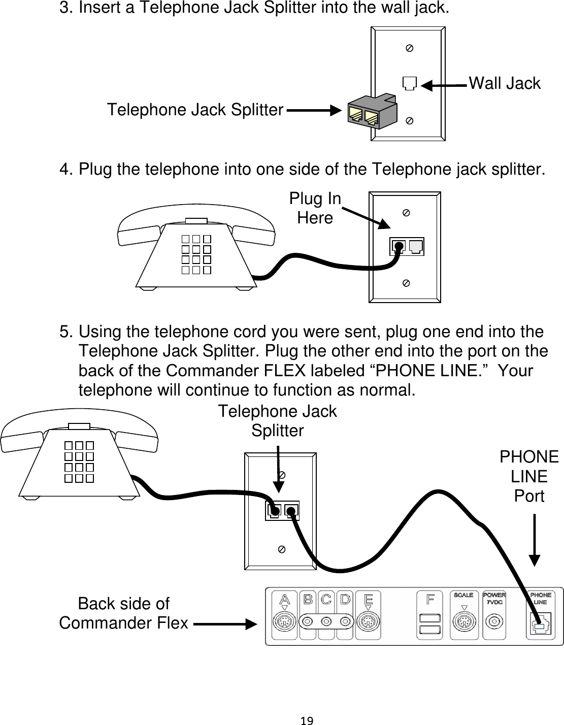     19  3. Insert a Telephone Jack Splitter into the wall jack.           4. Plug the telephone into one side of the Telephone jack splitter.                        5. Using the telephone cord you were sent, plug one end into the Telephone Jack Splitter. Plug the other end into the port on the back of the Commander FLEX labeled “PHONE LINE.”  Your telephone will continue to function as normal.                                              Telephone Jack Splitter Wall Jack Plug In Here Telephone Jack Splitter   Splitter  PHONE LINE Port  Back side of Commander Flex  