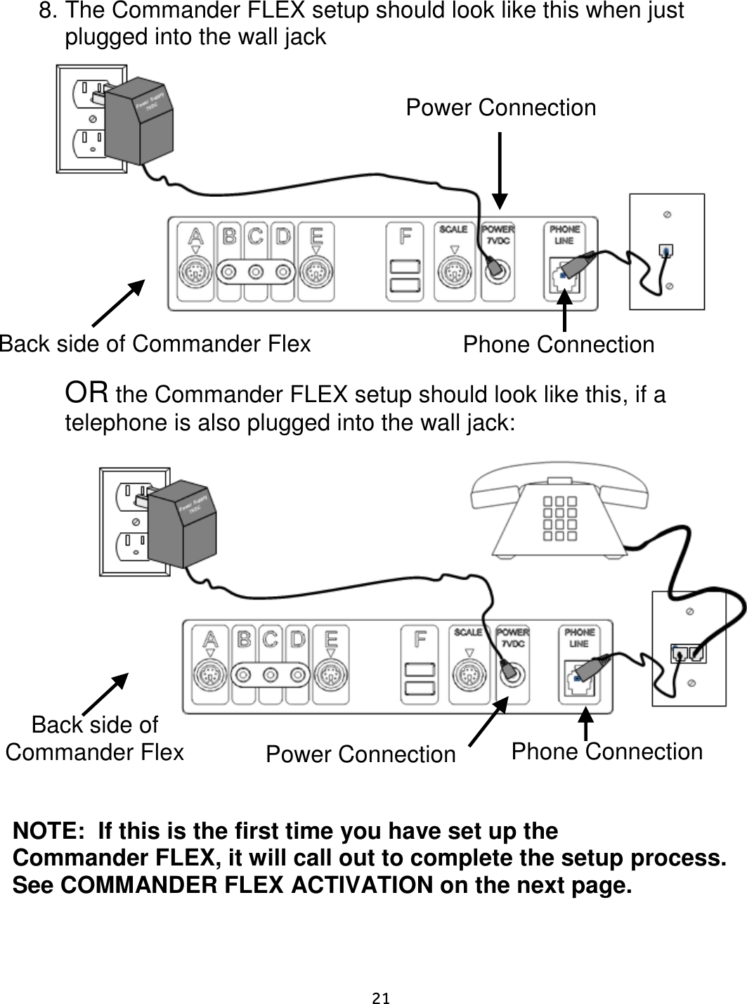     21  8. The Commander FLEX setup should look like this when just plugged into the wall jack    OR the Commander FLEX setup should look like this, if a telephone is also plugged into the wall jack:                NOTE:  If this is the first time you have set up the Commander FLEX, it will call out to complete the setup process.  See COMMANDER FLEX ACTIVATION on the next page. Back side of Commander Flex  Power Connection  Phone Connection  Power Connection  Back side of Commander Flex  Phone Connection  