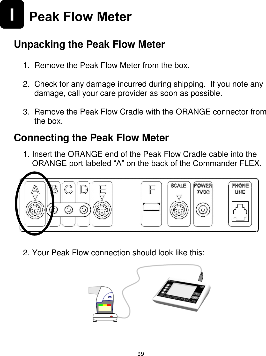     39  I Peak Flow Meter   Unpacking the Peak Flow Meter  1.  Remove the Peak Flow Meter from the box.    2.  Check for any damage incurred during shipping.  If you note any damage, call your care provider as soon as possible.    3.  Remove the Peak Flow Cradle with the ORANGE connector from the box. Connecting the Peak Flow Meter  1. Insert the ORANGE end of the Peak Flow Cradle cable into the ORANGE port labeled “A” on the back of the Commander FLEX.          2. Your Peak Flow connection should look like this:     