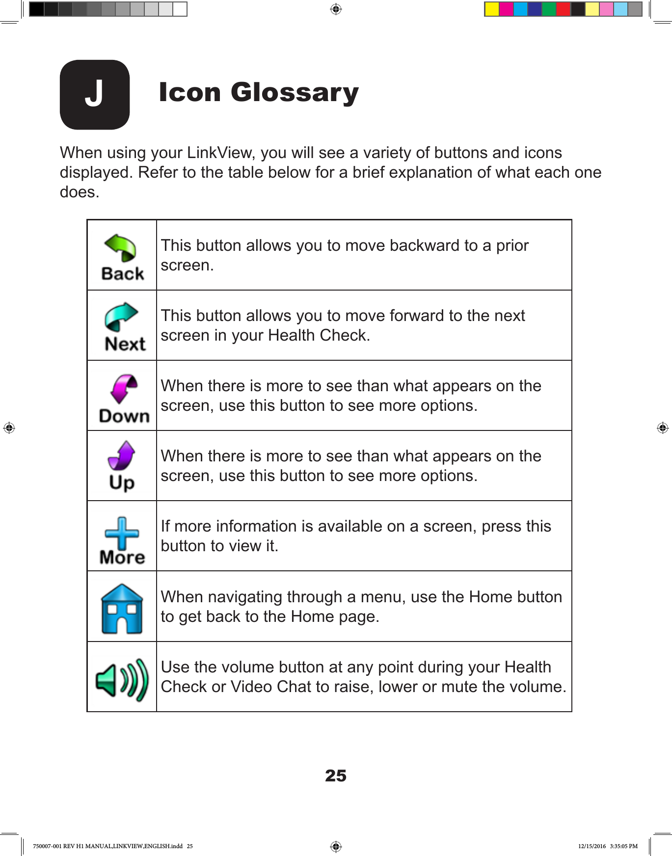 25Icon GlossaryJWhen using your LinkView, you will see a variety of buttons and icons displayed. Refer to the table below for a brief explanation of what each one does.This button allows you to move backward to a prior screen.This button allows you to move forward to the next screen in your Health Check.When there is more to see than what appears on the screen, use this button to see more options.When there is more to see than what appears on the screen, use this button to see more options.If more information is available on a screen, press this button to view it.When navigating through a menu, use the Home button to get back to the Home page.Use the volume button at any point during your Health Check or Video Chat to raise, lower or mute the volume.750007-001 REV H1 MANUAL,LINKVIEW,ENGLISH.indd   25 12/15/2016   3:35:05 PM