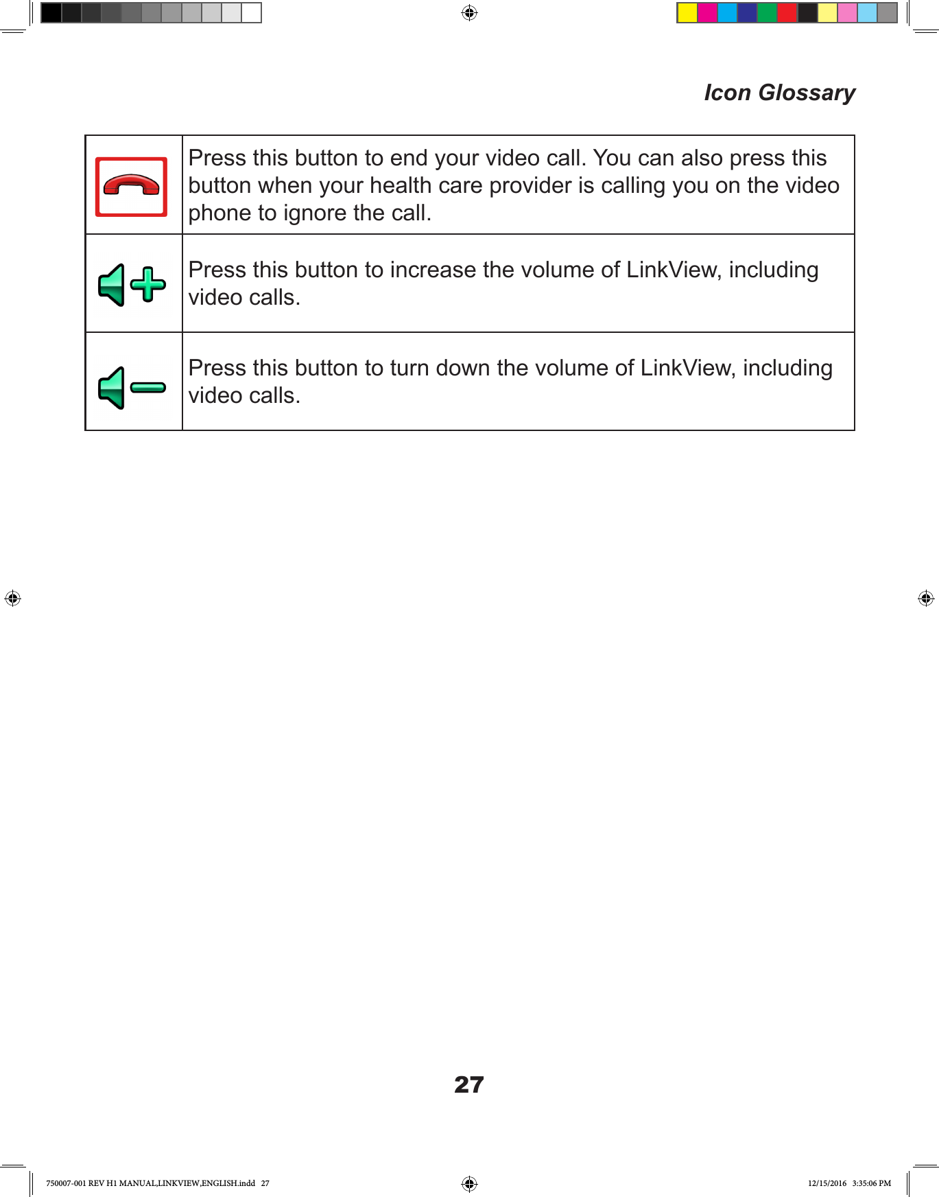 27Icon GlossaryPress this button to end your video call. You can also press this button when your health care provider is calling you on the video phone to ignore the call.Press this button to increase the volume of LinkView, including video calls.Press this button to turn down the volume of LinkView, including video calls.750007-001 REV H1 MANUAL,LINKVIEW,ENGLISH.indd   27 12/15/2016   3:35:06 PM
