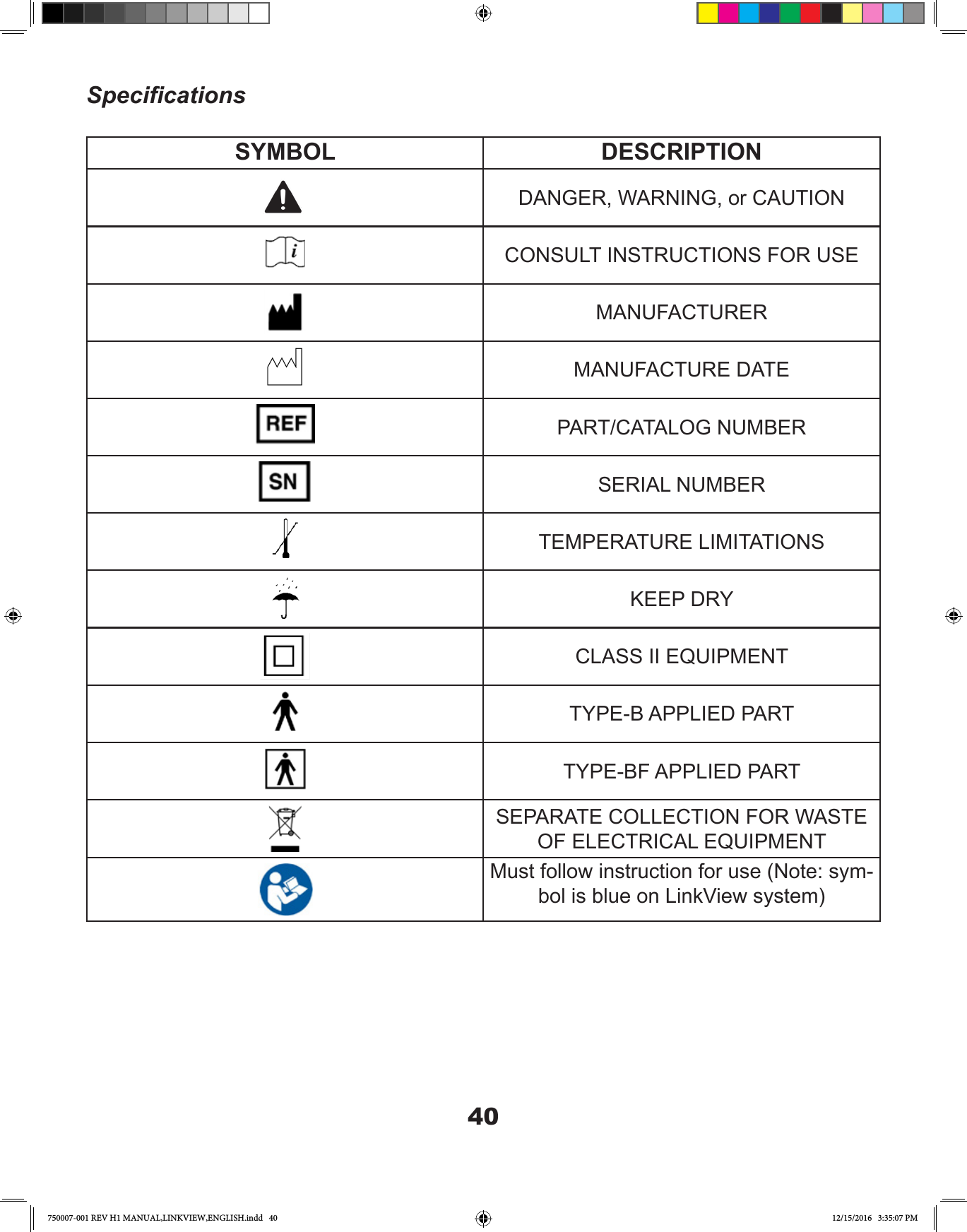 40SYMBOL DESCRIPTIONDANGER, WARNING, or CAUTIONCONSULT INSTRUCTIONS FOR USEMANUFACTURER MANUFACTURE DATEPART/CATALOG NUMBERSERIAL NUMBERTEMPERATURE LIMITATIONSKEEP DRYCLASS II EQUIPMENTTYPE-B APPLIED PARTTYPE-BF APPLIED PARTSEPARATE COLLECTION FOR WASTE OF ELECTRICAL EQUIPMENTMust follow instruction for use (Note: sym-bol is blue on LinkView system)Specications750007-001 REV H1 MANUAL,LINKVIEW,ENGLISH.indd   40 12/15/2016   3:35:07 PM