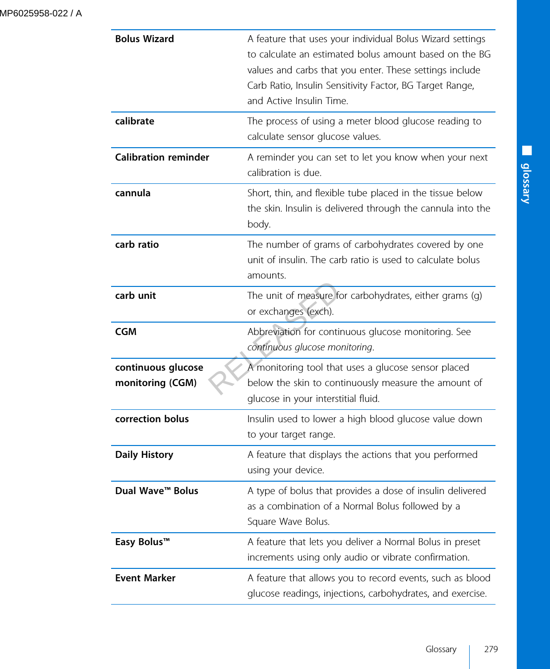 Bolus Wizard A feature that uses your individual Bolus Wizard settingsto calculate an estimated bolus amount based on the BGvalues and carbs that you enter. These settings includeCarb Ratio, Insulin Sensitivity Factor, BG Target Range,and Active Insulin Time.calibrate The process of using a meter blood glucose reading tocalculate sensor glucose values.Calibration reminder A reminder you can set to let you know when your nextcalibration is due.cannula Short, thin, and flexible tube placed in the tissue belowthe skin. Insulin is delivered through the cannula into thebody.carb ratio The number of grams of carbohydrates covered by oneunit of insulin. The carb ratio is used to calculate bolusamounts.carb unit The unit of measure for carbohydrates, either grams (g)or exchanges (exch).CGM Abbreviation for continuous glucose monitoring. Seecontinuous glucose monitoring.continuous glucosemonitoring (CGM)A monitoring tool that uses a glucose sensor placedbelow the skin to continuously measure the amount ofglucose in your interstitial fluid.correction bolus Insulin used to lower a high blood glucose value downto your target range.Daily History A feature that displays the actions that you performedusing your device.Dual Wave™ Bolus A type of bolus that provides a dose of insulin deliveredas a combination of a Normal Bolus followed by aSquare Wave Bolus.Easy Bolus™ A feature that lets you deliver a Normal Bolus in presetincrements using only audio or vibrate confirmation.Event Marker A feature that allows you to record events, such as bloodglucose readings, injections, carbohydrates, and exercise.■glossaryGlossary 279MP6025958-022 / ARELEASED
