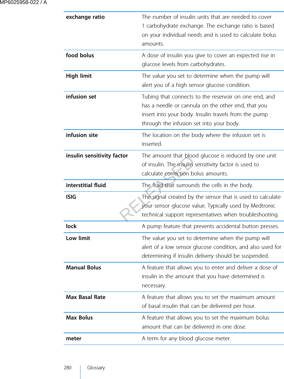 exchange ratio The number of insulin units that are needed to cover1 carbohydrate exchange. The exchange ratio is basedon your individual needs and is used to calculate bolusamounts.food bolus A dose of insulin you give to cover an expected rise inglucose levels from carbohydrates.High limit The value you set to determine when the pump willalert you of a high sensor glucose condition.infusion set Tubing that connects to the reservoir on one end, andhas a needle or cannula on the other end, that youinsert into your body. Insulin travels from the pumpthrough the infusion set into your body.infusion site The location on the body where the infusion set isinserted.insulin sensitivity factor The amount that blood glucose is reduced by one unitof insulin. The insulin sensitivity factor is used tocalculate correction bolus amounts.interstitial fluid The fluid that surrounds the cells in the body.ISIG The signal created by the sensor that is used to calculateyour sensor glucose value. Typically used by Medtronictechnical support representatives when troubleshooting.lock A pump feature that prevents accidental button presses.Low limit The value you set to determine when the pump willalert of a low sensor glucose condition, and also used fordetermining if insulin delivery should be suspended.Manual Bolus A feature that allows you to enter and deliver a dose ofinsulin in the amount that you have determined isnecessary.Max Basal Rate A feature that allows you to set the maximum amountof basal insulin that can be delivered per hour.Max Bolus A feature that allows you to set the maximum bolusamount that can be delivered in one dose.meter A term for any blood glucose meter.280 GlossaryMP6025958-022 / ARELEASED