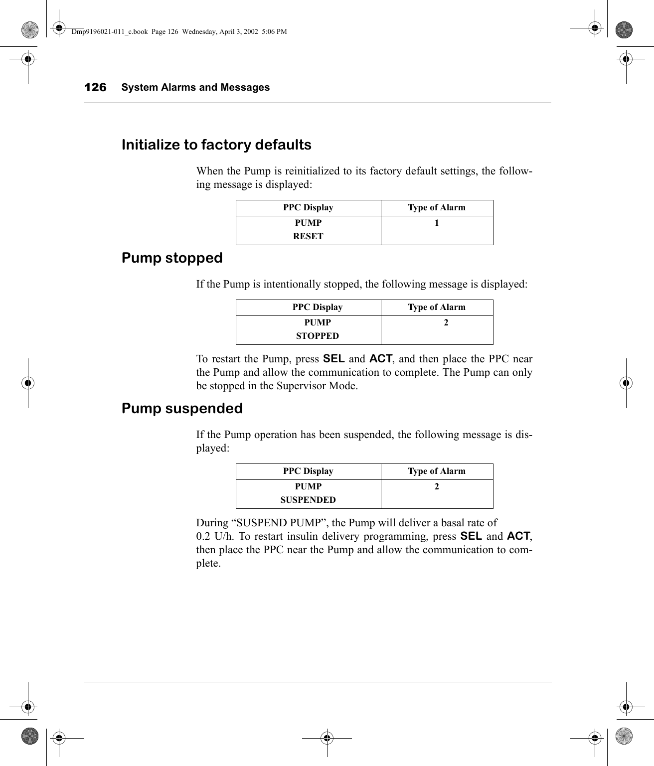System Alarms and Messages126Initialize to factory defaultsWhen the Pump is reinitialized to its factory default settings, the follow-ing message is displayed:Pump stoppedIf the Pump is intentionally stopped, the following message is displayed:To restart the Pump, press SEL and ACT, and then place the PPC nearthe Pump and allow the communication to complete. The Pump can onlybe stopped in the Supervisor Mode.Pump suspendedIf the Pump operation has been suspended, the following message is dis-played:During “SUSPEND PUMP”, the Pump will deliver a basal rate of 0.2 U/h. To restart insulin delivery programming, press SEL and ACT,then place the PPC near the Pump and allow the communication to com-plete. PPC Display Type of AlarmPUMPRESET1PPC Display Type of AlarmPUMPSTOPPED2PPC Display Type of AlarmPUMPSUSPENDED2Dmp9196021-011_c.book  Page 126  Wednesday, April 3, 2002  5:06 PM