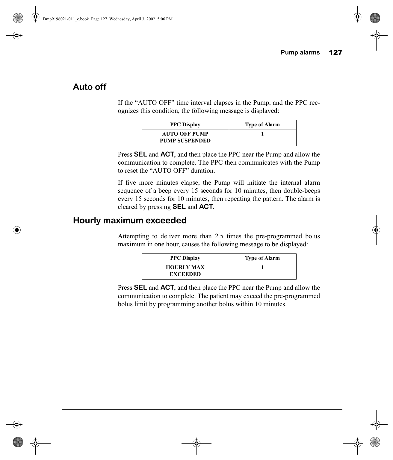 Pump alarms 127Auto offIf the “AUTO OFF” time interval elapses in the Pump, and the PPC rec-ognizes this condition, the following message is displayed:Press SEL and ACT, and then place the PPC near the Pump and allow thecommunication to complete. The PPC then communicates with the Pumpto reset the “AUTO OFF” duration. If five more minutes elapse, the Pump will initiate the internal alarmsequence of a beep every 15 seconds for 10 minutes, then double-beepsevery 15 seconds for 10 minutes, then repeating the pattern. The alarm iscleared by pressing SEL and ACT.Hourly maximum exceededAttempting to deliver more than 2.5 times the pre-programmed bolusmaximum in one hour, causes the following message to be displayed:Press SEL and ACT, and then place the PPC near the Pump and allow thecommunication to complete. The patient may exceed the pre-programmedbolus limit by programming another bolus within 10 minutes.PPC Display Type of AlarmAUTO OFF PUMPPUMP SUSPENDED1PPC Display Type of AlarmHOURLY MAXEXCEEDED1Dmp9196021-011_c.book  Page 127  Wednesday, April 3, 2002  5:06 PM