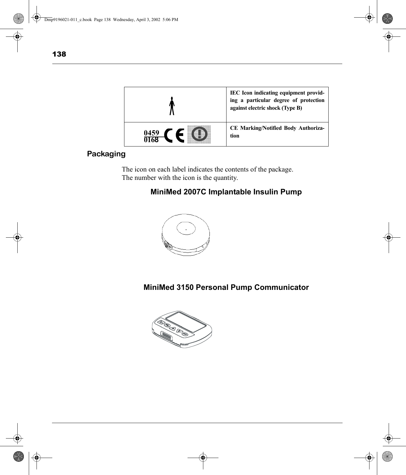 138PackagingThe icon on each label indicates the contents of the package. The number with the icon is the quantity.MiniMed 2007C Implantable Insulin PumpMiniMed 3150 Personal Pump CommunicatorIEC Icon indicating equipment provid-ing a particular degree of protectionagainst electric shock (Type B)CE Marking/Notified Body Authoriza-tion0459 0168Dmp9196021-011_c.book  Page 138  Wednesday, April 3, 2002  5:06 PM