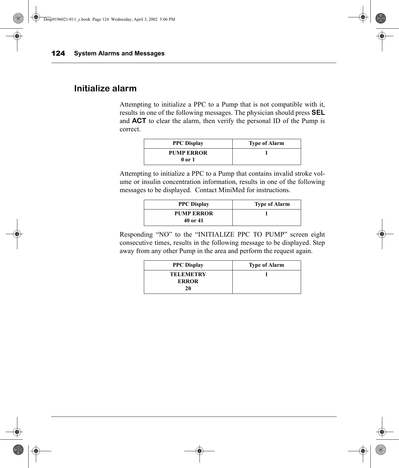 System Alarms and Messages124Initialize alarmAttempting to initialize a PPC to a Pump that is not compatible with it,results in one of the following messages. The physician should press SELand ACT to clear the alarm, then verify the personal ID of the Pump iscorrect.Attempting to initialize a PPC to a Pump that contains invalid stroke vol-ume or insulin concentration information, results in one of the followingmessages to be displayed.  Contact MiniMed for instructions.Responding “NO” to the “INITIALIZE PPC TO PUMP” screen eightconsecutive times, results in the following message to be displayed. Stepaway from any other Pump in the area and perform the request again.PPC Display Type of AlarmPUMP ERROR0 or 11PPC Display Type of AlarmPUMP ERROR40 or 411PPC Display Type of AlarmTELEMETRY ERROR201Dmp9196021-011_c.book  Page 124  Wednesday, April 3, 2002  5:06 PM