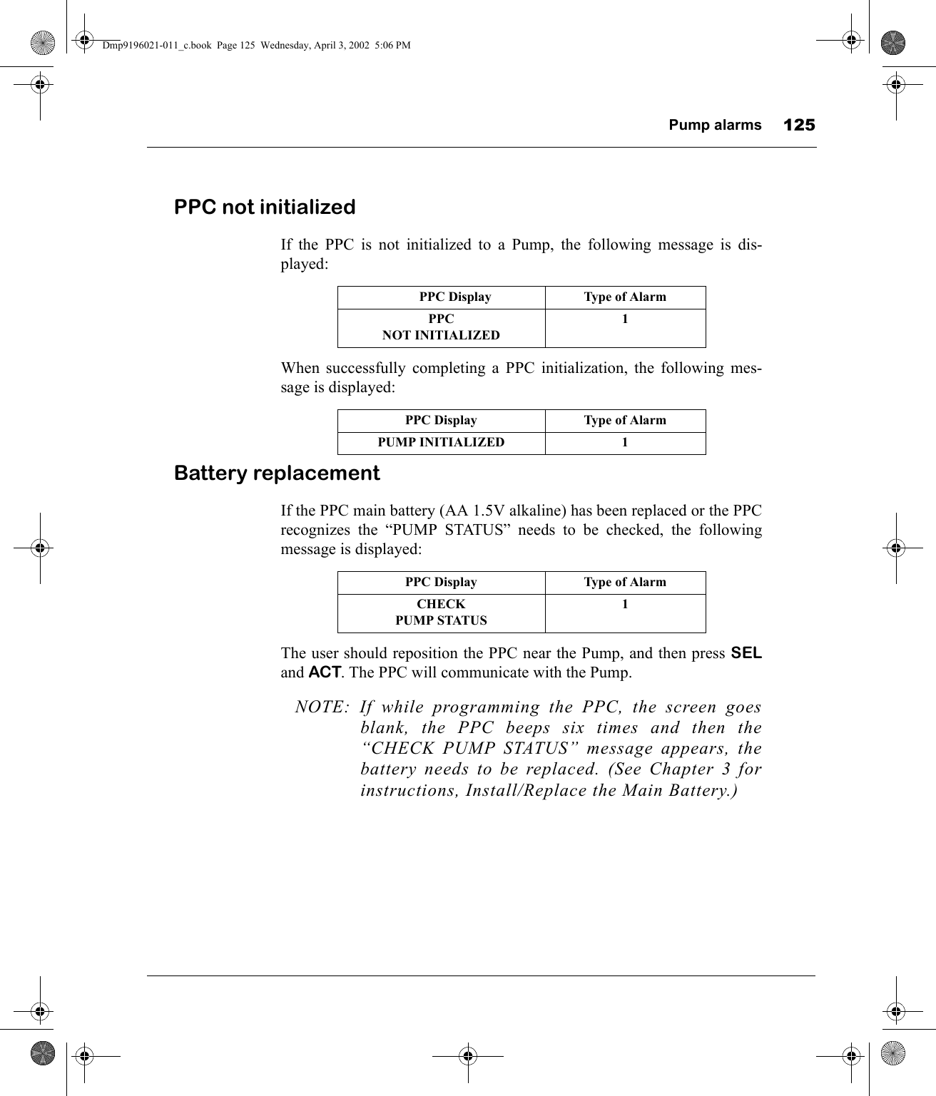 Pump alarms 125PPC not initializedIf the PPC is not initialized to a Pump, the following message is dis-played:When successfully completing a PPC initialization, the following mes-sage is displayed:Battery replacementIf the PPC main battery (AA 1.5V alkaline) has been replaced or the PPCrecognizes the “PUMP STATUS” needs to be checked, the followingmessage is displayed:The user should reposition the PPC near the Pump, and then press SELand ACT. The PPC will communicate with the Pump.NOTE: If while programming the PPC, the screen goesblank, the PPC beeps six times and then the“CHECK PUMP STATUS” message appears, thebattery needs to be replaced. (See Chapter 3 forinstructions, Install/Replace the Main Battery.)PPC Display Type of AlarmPPCNOT INITIALIZED1PPC Display Type of AlarmPUMP INITIALIZED 1PPC Display Type of AlarmCHECKPUMP STATUS1Dmp9196021-011_c.book  Page 125  Wednesday, April 3, 2002  5:06 PM