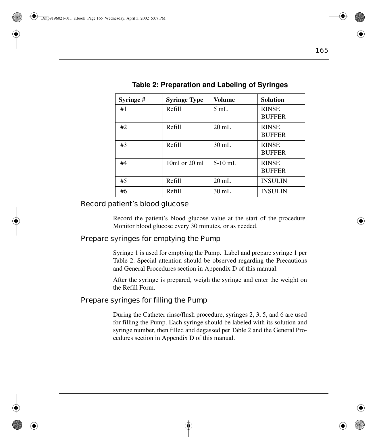 165Table 2: Preparation and Labeling of SyringesRecord patient’s blood glucoseRecord the patient’s blood glucose value at the start of the procedure.Monitor blood glucose every 30 minutes, or as needed.Prepare syringes for emptying the PumpSyringe 1 is used for emptying the Pump.  Label and prepare syringe 1 perTable 2. Special attention should be observed regarding the Precautionsand General Procedures section in Appendix D of this manual.  After the syringe is prepared, weigh the syringe and enter the weight onthe Refill Form.Prepare syringes for filling the PumpDuring the Catheter rinse/flush procedure, syringes 2, 3, 5, and 6 are usedfor filling the Pump. Each syringe should be labeled with its solution andsyringe number, then filled and degassed per Table 2 and the General Pro-cedures section in Appendix D of this manual.Syringe # Syringe Type Volume Solution #1 Refill 5 mL RINSEBUFFER #2 Refill 20 mL RINSEBUFFER #3 Refill 30 mL RINSEBUFFER #4  10ml or 20 ml 5-10 mL RINSEBUFFER  #5 Refill 20 mL INSULIN #6 Refill 30 mL INSULINDmp9196021-011_c.book  Page 165  Wednesday, April 3, 2002  5:07 PM