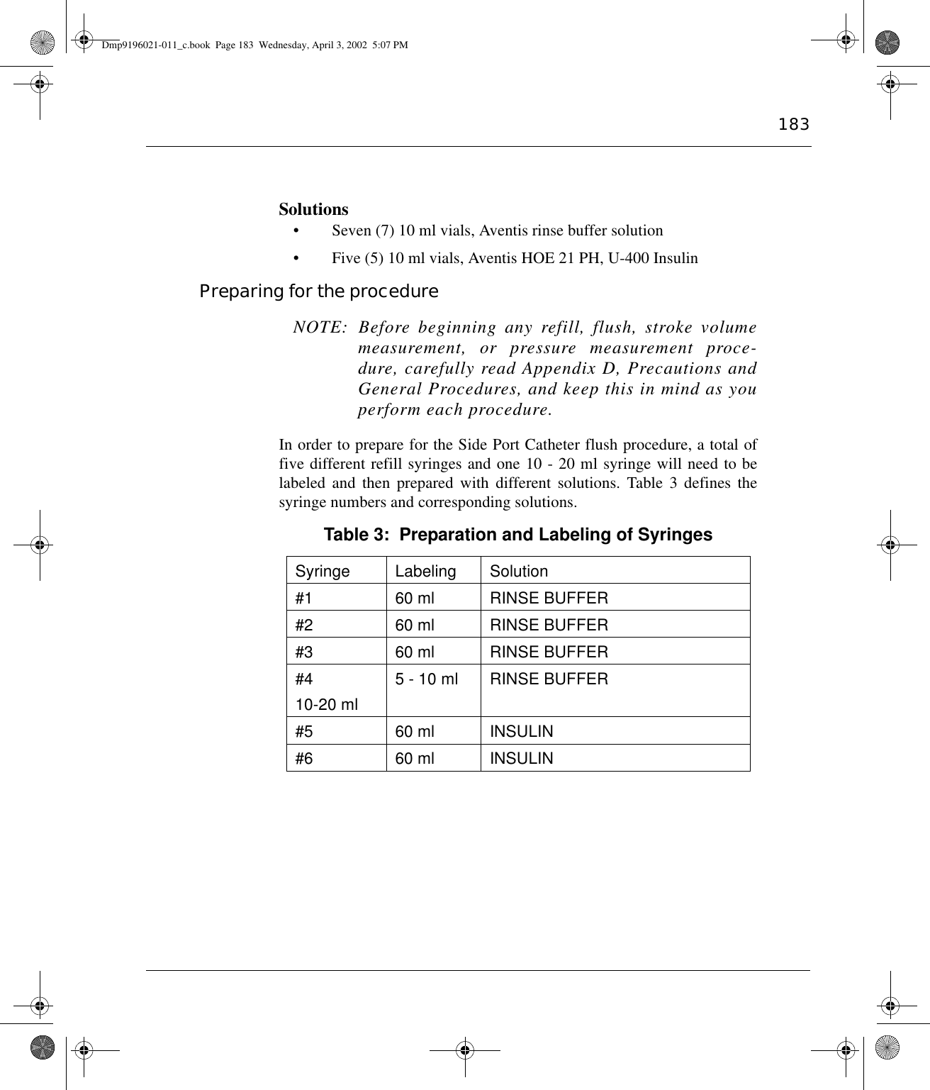 183Solutions• Seven (7) 10 ml vials, Aventis rinse buffer solution• Five (5) 10 ml vials, Aventis HOE 21 PH, U-400 Insulin Preparing for the procedure NOTE: Before beginning any refill, flush, stroke volumemeasurement, or pressure measurement proce-dure, carefully read Appendix D, Precautions andGeneral Procedures, and keep this in mind as youperform each procedure.In order to prepare for the Side Port Catheter flush procedure, a total offive different refill syringes and one 10 - 20 ml syringe will need to belabeled and then prepared with different solutions. Table 3 defines thesyringe numbers and corresponding solutions.Table 3:  Preparation and Labeling of SyringesSyringe Labeling Solution#1 60 ml RINSE BUFFER#2 60 ml RINSE BUFFER#3 60 ml RINSE BUFFER#410-20 ml5 - 10 ml RINSE BUFFER#5 60 ml INSULIN#6 60 ml INSULINDmp9196021-011_c.book  Page 183  Wednesday, April 3, 2002  5:07 PM