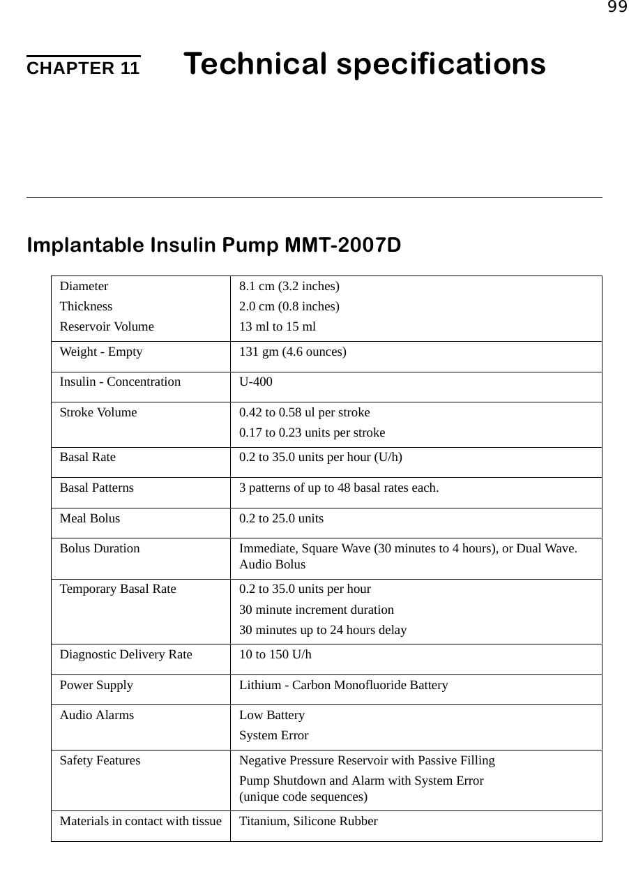 99CHAPTER 11 Technical specificationsImplantable Insulin Pump MMT-2007DDiameterThicknessReservoir Volume8.1 cm (3.2 inches)2.0 cm (0.8 inches)13 ml to 15 mlWeight - Empty 131 gm (4.6 ounces)Insulin - Concentration U-400 Stroke Volume 0.42 to 0.58 ul per stroke0.17 to 0.23 units per strokeBasal Rate 0.2 to 35.0 units per hour (U/h)Basal Patterns 3 patterns of up to 48 basal rates each.Meal Bolus  0.2 to 25.0 unitsBolus Duration Immediate, Square Wave (30 minutes to 4 hours), or Dual Wave. Audio Bolus Temporary Basal Rate 0.2 to 35.0 units per hour30 minute increment duration30 minutes up to 24 hours delayDiagnostic Delivery Rate 10 to 150 U/hPower Supply Lithium - Carbon Monofluoride BatteryAudio Alarms Low BatterySystem ErrorSafety Features Negative Pressure Reservoir with Passive FillingPump Shutdown and Alarm with System Error (unique code sequences)Materials in contact with tissue Titanium, Silicone Rubber 