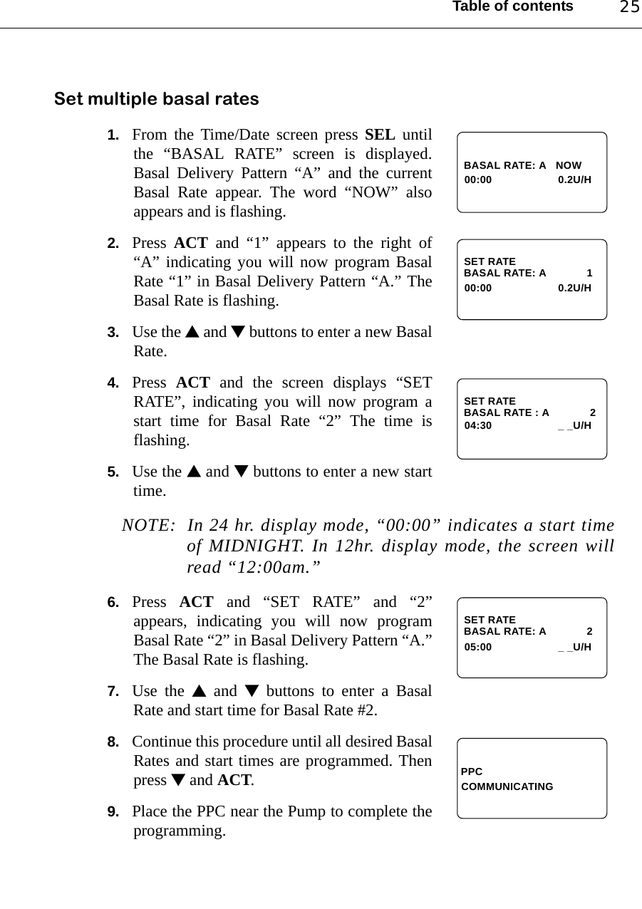 Table of contents 25Set multiple basal rates1. From the Time/Date screen press SEL untilthe “BASAL RATE” screen is displayed.Basal Delivery Pattern “A” and the currentBasal Rate appear. The word “NOW” alsoappears and is flashing.2. Press  ACT and “1” appears to the right of“A” indicating you will now program BasalRate “1” in Basal Delivery Pattern “A.” TheBasal Rate is flashing.3. Use the  and  buttons to enter a new BasalRate.4. Press  ACT and the screen displays “SETRATE”, indicating you will now program astart time for Basal Rate “2” The time isflashing.5. Use the  and  buttons to enter a new starttime.NOTE: In 24 hr. display mode, “00:00” indicates a start timeof MIDNIGHT. In 12hr. display mode, the screen willread “12:00am.”6. Press  ACT and “SET RATE” and “2”appears, indicating you will now programBasal Rate “2” in Basal Delivery Pattern “A.”The Basal Rate is flashing. 7. Use the  and  buttons to enter a BasalRate and start time for Basal Rate #2.8. Continue this procedure until all desired BasalRates and start times are programmed. Thenpress  and ACT.9. Place the PPC near the Pump to complete theprogramming. BASAL RATE: A   NOW00:00 0.2U/H BASAL RATE: A             1 SET RATE00:00 0.2U/H BASAL RATE : A             2 SET RATE04:30 _ _U/H BASAL RATE: A             2 SET RATE05:00 _ _U/HPPCCOMMUNICATING