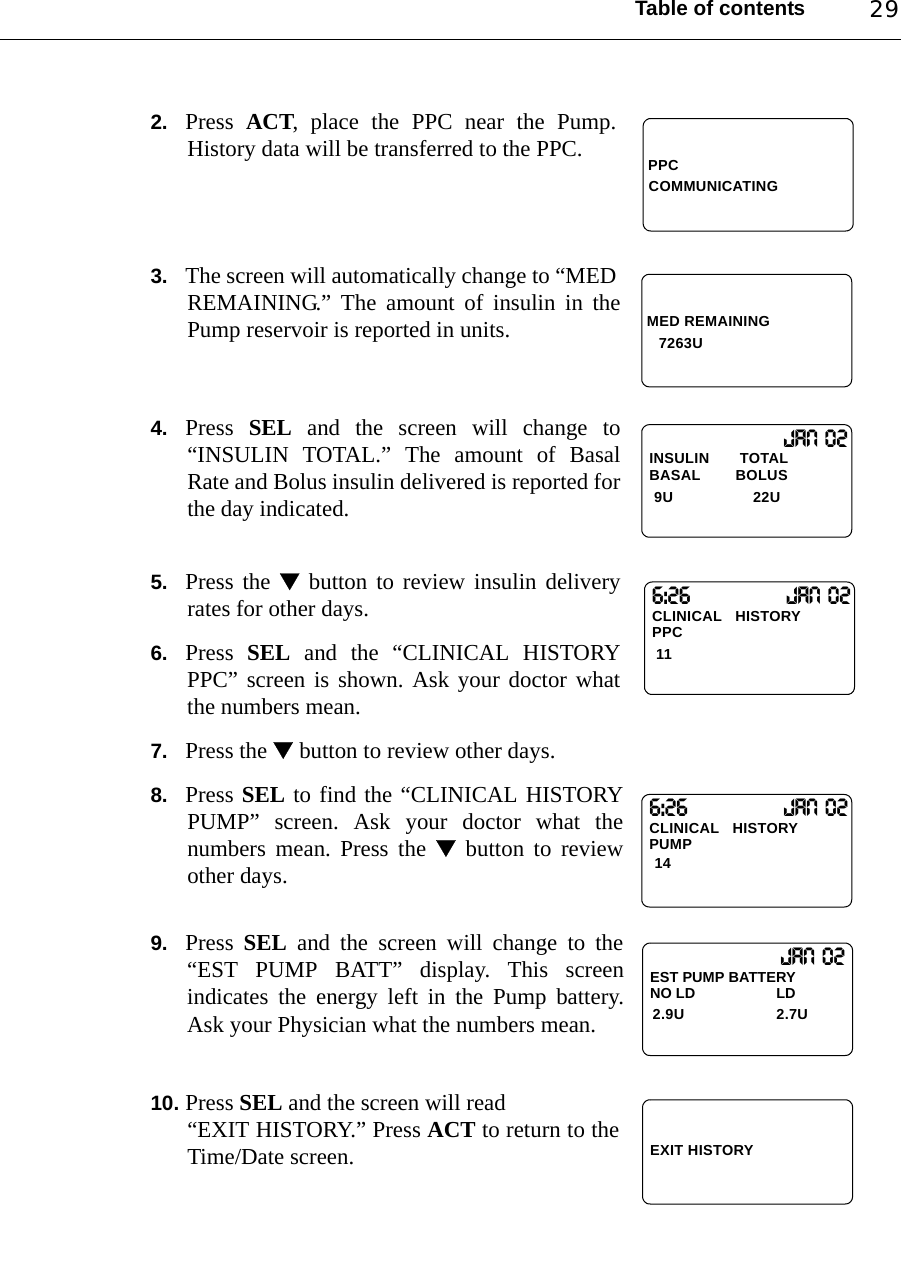 Table of contents 292. Press  ACT, place the PPC near the Pump.History data will be transferred to the PPC.3. The screen will automatically change to “MEDREMAINING.” The amount of insulin in thePump reservoir is reported in units.4. Press  SEL and the screen will change to“INSULIN TOTAL.” The amount of BasalRate and Bolus insulin delivered is reported forthe day indicated.5. Press the  button to review insulin deliveryrates for other days.6. Press  SEL and the “CLINICAL HISTORYPPC” screen is shown. Ask your doctor whatthe numbers mean.7. Press the  button to review other days.8. Press SEL to find the “CLINICAL HISTORYPUMP” screen. Ask your doctor what thenumbers mean. Press the  button to reviewother days.9. Press  SEL and the screen will change to the“EST PUMP BATT” display. This screenindicates the energy left in the Pump battery.Ask your Physician what the numbers mean.10. Press SEL and the screen will read “EXIT HISTORY.” Press ACT to return to theTime/Date screen.PPCCOMMUNICATINGMED REMAINING7263U             Jan 02INSULIN       TOTALBASAL        BOLUS9U 22U6:26         Jan 02CLINICAL   HISTORYPPC116:26         Jan 02CLINICAL   HISTORY14PUMP              Jan 02EST PUMP BATTERYNO LD                    LD2.9U 2.7UEXIT HISTORY