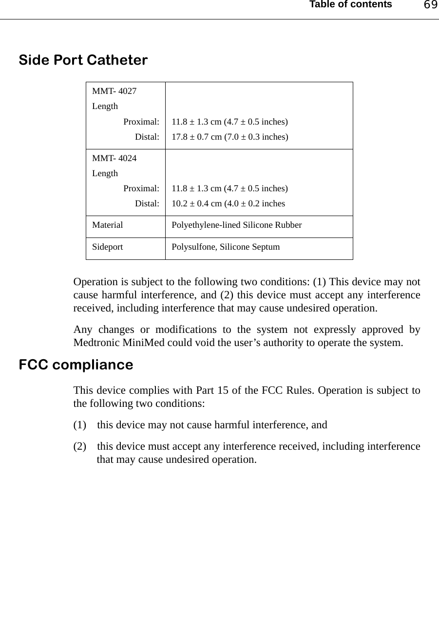 Table of contents 69Side Port Catheter Operation is subject to the following two conditions: (1) This device may notcause harmful interference, and (2) this device must accept any interferencereceived, including interference that may cause undesired operation.Any changes or modifications to the system not expressly approved byMedtronic MiniMed could void the user’s authority to operate the system.FCC complianceThis device complies with Part 15 of the FCC Rules. Operation is subject tothe following two conditions: (1) this device may not cause harmful interference, and (2) this device must accept any interference received, including interferencethat may cause undesired operation.MMT- 4027Length       Proximal:      Distal:11.8 ± 1.3 cm (4.7 ± 0.5 inches)17.8 ± 0.7 cm (7.0 ± 0.3 inches)MMT- 4024Length       Proximal:      Distal:11.8 ± 1.3 cm (4.7 ± 0.5 inches)10.2 ± 0.4 cm (4.0 ± 0.2 inchesMaterial Polyethylene-lined Silicone RubberSideport Polysulfone, Silicone Septum