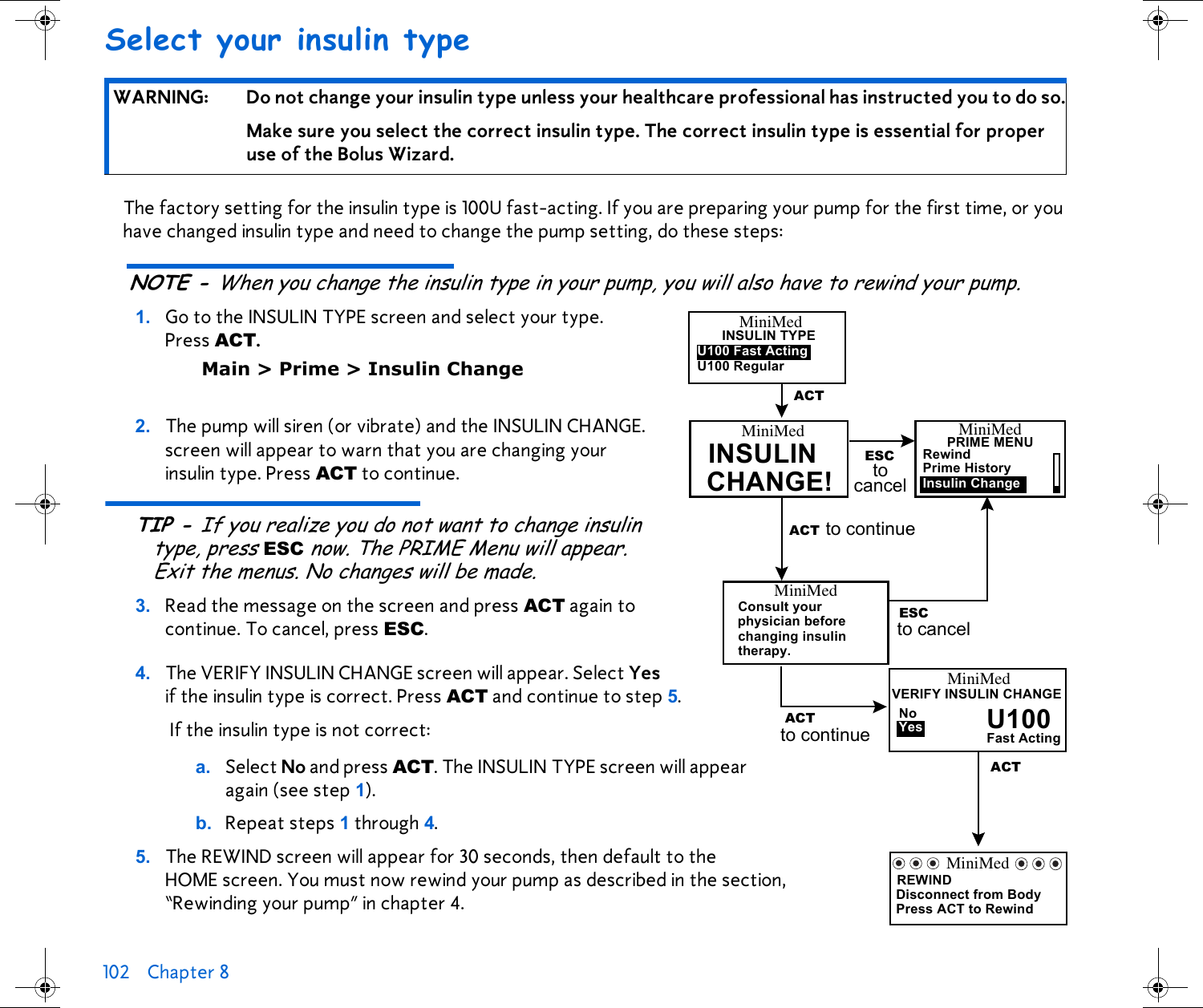102 Chapter 8 Select your insulin typeThe factory setting for the insulin type is 100U fast-acting. If you are preparing your pump for the first time, or you have changed insulin type and need to change the pump setting, do these steps: NOTE - When you change the insulin type in your pump, you will also have to rewind your pump. 1. Go to the INSULIN TYPE screen and select your type. Press ACT. Main &gt; Prime &gt; Insulin Change2. The pump will siren (or vibrate) and the INSULIN CHANGE. screen will appear to warn that you are changing your insulin type. Press ACT to continue.TIP - If you realize you do not want to change insulin type, press ESC now. The PRIME Menu will appear. Exit the menus. No changes will be made.3. Read the message on the screen and press ACT again to continue. To cancel, press ESC.4. The VERIFY INSULIN CHANGE screen will appear. Select Yes if the insulin type is correct. Press ACT and continue to step 5. If the insulin type is not correct:a. Select No and press ACT. The INSULIN TYPE screen will appear again (see step 1).b. Repeat steps 1 through 4.5. The REWIND screen will appear for 30 seconds, then default to the HOME screen. You must now rewind your pump as described in the section, “Rewinding your pump” in chapter 4. WARNING: Do not change your insulin type unless your healthcare professional has instructed you to do so.Make sure you select the correct insulin type. The correct insulin type is essential for proper use of the Bolus Wizard.MiniMedINSULIN TYPEU100 RegularU100 Fast ActingACTMiniMedINSULINACTCHANGE!MiniMedPRIME MENUESC RewindPrime HistoryInsulin Change to cancel to continueMiniMedConsult yourchanging insulintherapy.ESC to cancelphysician beforeACTVERIFY INSULIN CHANGEYes U100NoFast ActingACT to continueMiniMedREWINDDisconnect from BodyPress ACT to RewindMiniMed