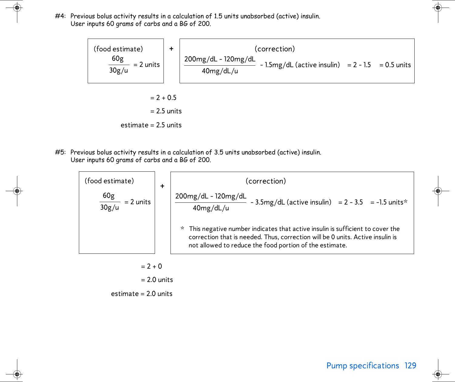 Pump specifications 129 #4: Previous bolus activity results in a calculation of 1.5 units unabsorbed (active) insulin. User inputs 60 grams of carbs and a BG of 200. #5: Previous bolus activity results in a calculation of 3.5 units unabsorbed (active) insulin.User inputs 60 grams of carbs and a BG of 200. 60g30g/u(food estimate)= 2 + 0.5+200mg/dL - 120mg/dL40mg/dL/u(correction)= 2 units = 2 - 1.5- 1.5mg/dL (active insulin) = 0.5 units= 2.5 unitsestimate = 2.5 units60g30g/u(food estimate) +200mg/dL - 120mg/dL40mg/dL/u(correction)= 2 units = 2 - 3.5- 3.5mg/dL (active insulin) = -1.5 units** This negative number indicates that active insulin is sufficient to cover the correction that is needed. Thus, correction will be 0 units. Active insulin is not allowed to reduce the food portion of the estimate.= 2 + 0= 2.0 unitsestimate = 2.0 units