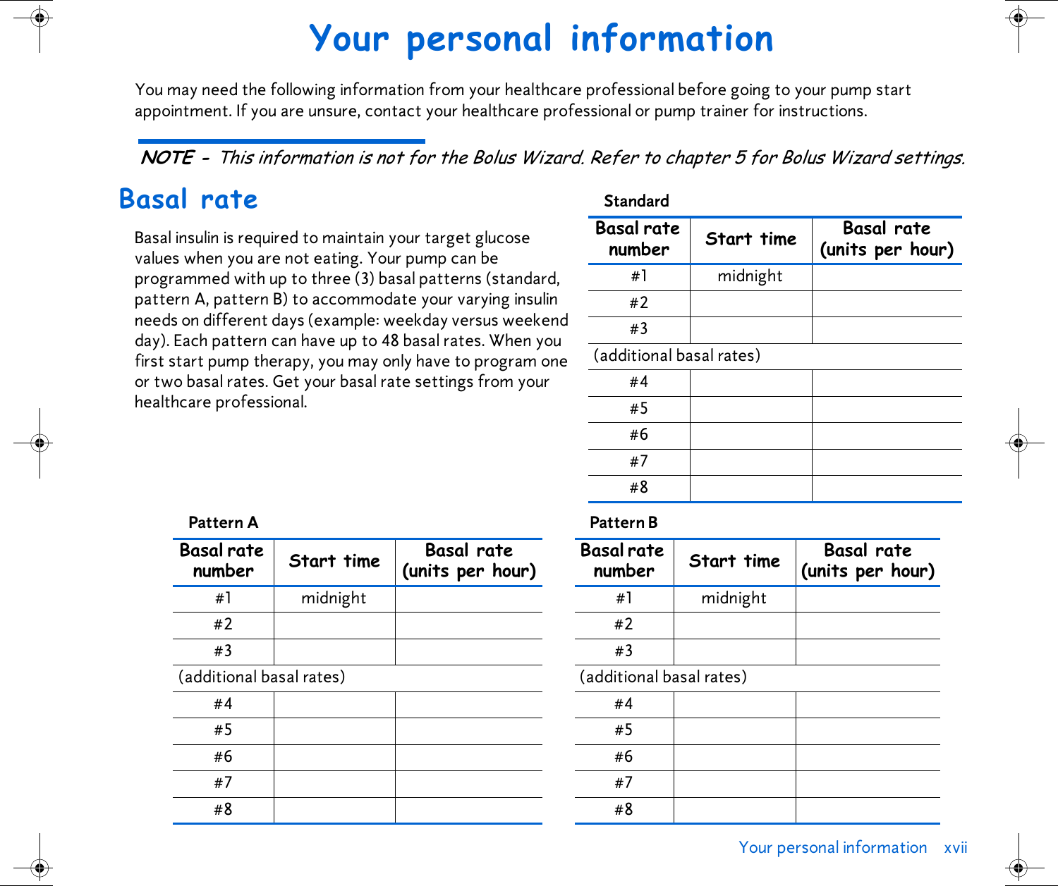 Your personal information xvii Your personal informationYou may need the following information from your healthcare professional before going to your pump start appointment. If you are unsure, contact your healthcare professional or pump trainer for instructions.NOTE - This information is not for the Bolus Wizard. Refer to chapter 5 for Bolus Wizard settings.Basal rateBasal insulin is required to maintain your target glucose values when you are not eating. Your pump can be programmed with up to three (3) basal patterns (standard, pattern A, pattern B) to accommodate your varying insulin needs on different days (example: weekday versus weekend day). Each pattern can have up to 48 basal rates. When you first start pump therapy, you may only have to program one or two basal rates. Get your basal rate settings from your healthcare professional.Standard Basal rate number Start time Basal rate(units per hour)#1 midnight#2#3(additional basal rates)#4#5#6#7#8Pattern A Basal rate number Start time Basal rate(units per hour)#1 midnight#2#3(additional basal rates)#4#5#6#7#8Pattern B Basal rate number Start time Basal rate(units per hour)#1 midnight#2#3(additional basal rates)#4#5#6#7#8