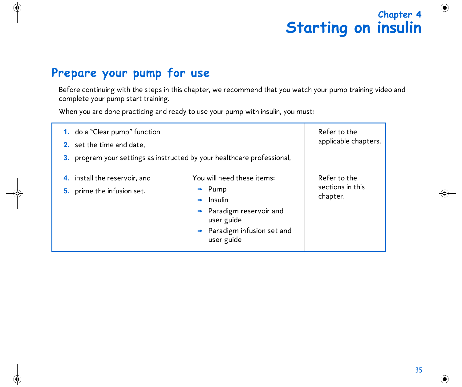 35 Chapter 4Starting on insulinPrepare your pump for useBefore continuing with the steps in this chapter, we recommend that you watch your pump training video and complete your pump start training. When you are done practicing and ready to use your pump with insulin, you must: 1. do a “Clear pump” function2. set the time and date,3. program your settings as instructed by your healthcare professional, Refer to the applicable chapters.4. install the reservoir, and5. prime the infusion set.You will need these items:➠Pump➠Insulin➠Paradigm reservoir and user guide➠Paradigm infusion set and user guideRefer to the sections in this chapter.