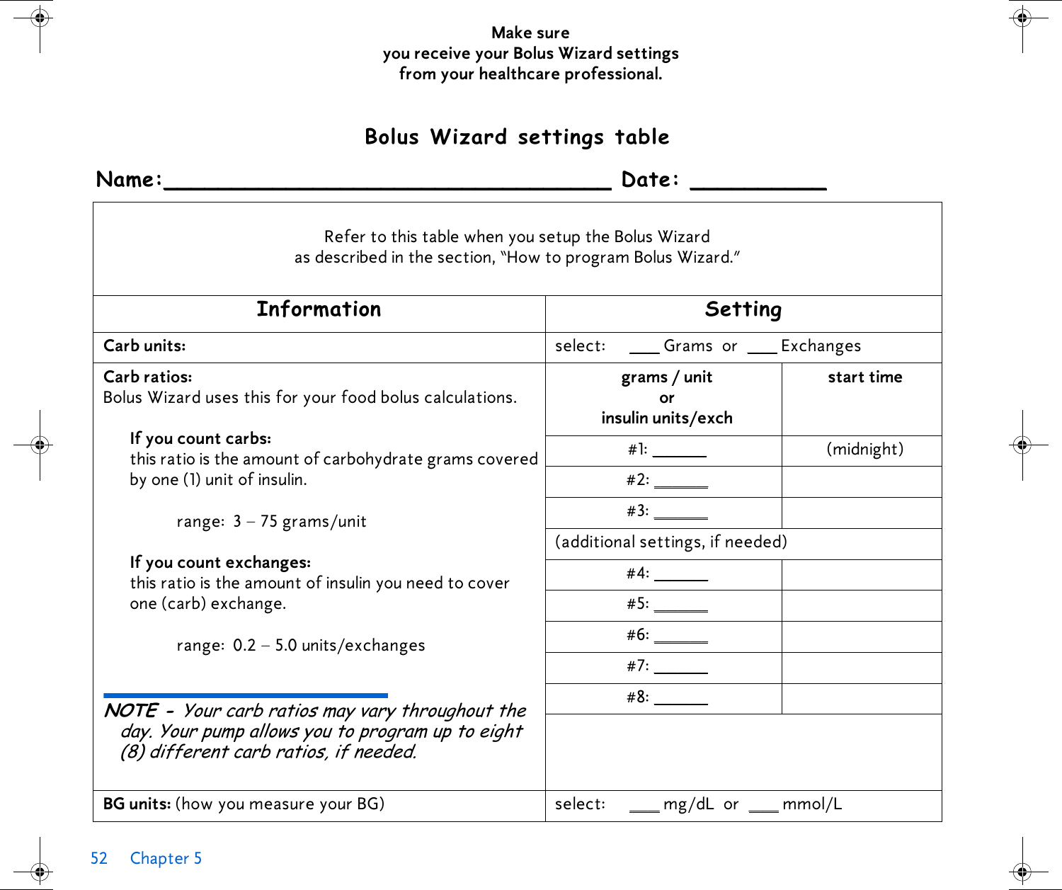 52 Chapter 5 Make sureyou receive your Bolus Wizard settingsfrom your healthcare professional.Bolus Wizard settings tableName:_________________________________ Date: __________Refer to this table when you setup the Bolus Wizard as described in the section, “How to program Bolus Wizard.” Information SettingCarb units:  select: _____ Grams or _____ ExchangesCarb ratios: Bolus Wizard uses this for your food bolus calculations. If you count carbs: this ratio is the amount of carbohydrate grams covered by one (1) unit of insulin. range: 3 – 75 grams/unitIf you count exchanges: this ratio is the amount of insulin you need to cover one (carb) exchange.range: 0.2 – 5.0 units/exchangesNOTE - Your carb ratios may vary throughout the day. Your pump allows you to program up to eight (8) different carb ratios, if needed.grams / unit or insulin units/exchstart time#1: _________ (midnight)#2: _________#3: _________(additional settings, if needed)#4: _________#5: _________#6: _________#7: _________#8: _________BG units: (how you measure your BG) select: _____ mg/dL or _____ mmol/L