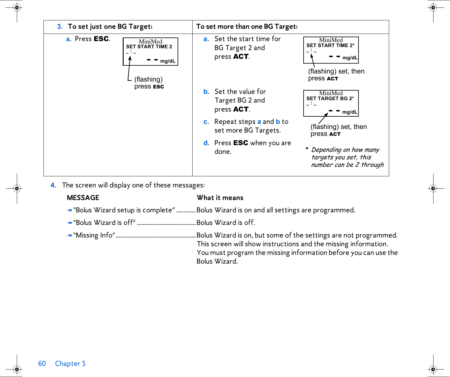 60 Chapter 5 4. The screen will display one of these messages:MESSAGE What it means➠“Bolus Wizard setup is complete” .............Bolus Wizard is on and all settings are programmed.➠“Bolus Wizard is off” .......................................Bolus Wizard is off.➠“Missing Info”.....................................................Bolus Wizard is on, but some of the settings are not programmed. This screen will show instructions and the missing information. You must program the missing information before you can use the Bolus Wizard.3. To set just one BG Target: To set more than one BG Target:a. Press ESC.a. Set the start time for BG Target 2 and press ACT. b. Set the value for Target BG 2 and press ACT.c. Repeat steps a and b to set more BG Targets.d. Press ESC when you are done._:_SET START TIME 2MiniMed(flashing) press ESC- - mg/dL_:_SET START TIME 2*MiniMed(flashing) set, then press ACT- - mg/dL_:_SET TARGET BG 2*(flashing) set, then press ACT- - mg/dLMiniMed* Depending on how many targets you set, this number can be 2 through 