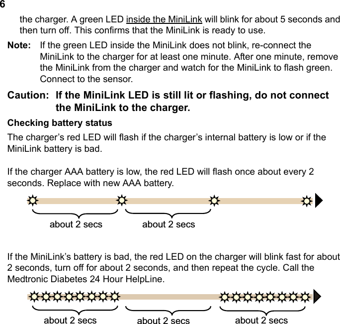 6the charger. A green LED inside the MiniLink will blink for about 5 seconds and then turn off. This confirms that the MiniLink is ready to use.Note:  If the green LED inside the MiniLink does not blink, re-connect the MiniLink to the charger for at least one minute. After one minute, remove the MiniLink from the charger and watch for the MiniLink to flash green. Connect to the sensor.Caution:  If the MiniLink LED is still lit or flashing, do not connect the MiniLink to the charger.Checking battery statusThe charger’s red LED will flash if the charger’s internal battery is low or if the MiniLink battery is bad.If the charger AAA battery is low, the red LED will flash once about every 2 seconds. Replace with new AAA battery.If the MiniLink’s battery is bad, the red LED on the charger will blink fast for about 2 seconds, turn off for about 2 seconds, and then repeat the cycle. Call the Medtronic Diabetes 24 Hour HelpLine. DERXWVHFV DERXWVHFVDERXWVHFV DERXWVHFVDERXWVHFV