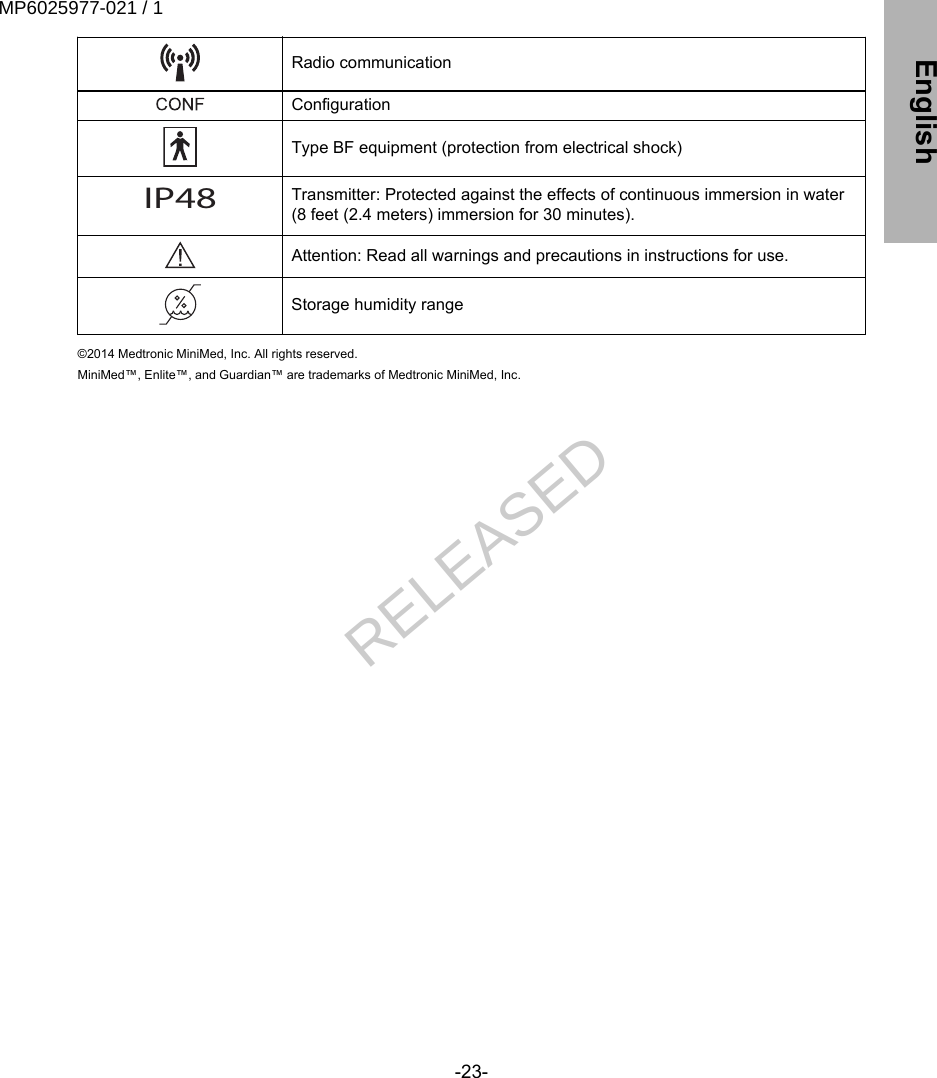 Radio communicationConfigurationType BF equipment (protection from electrical shock)IP48Transmitter: Protected against the effects of continuous immersion in water(8 feet (2.4 meters) immersion for 30 minutes).Attention: Read all warnings and precautions in instructions for use.Storage humidity range ©2014 Medtronic MiniMed, Inc. All rights reserved.MiniMed™, Enlite™, and Guardian™ are trademarks of Medtronic MiniMed, Inc.-23- EnglishMP6025977-021 / 1RELEASED