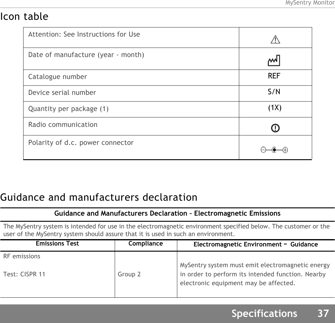 MySentry MonitorSpecifications 37Icon tableGuidance and manufacturers declarationAttention: See Instructions for UseDate of manufacture (year - month)Catalogue number REFDevice serial number S/NQuantity per package (1) (1X)Radio communicationPolarity of d.c. power connectorGuidance and Manufacturers Declaration – Electromagnetic EmissionsThe MySentry system is intended for use in the electromagnetic environment specified below. The customer or the user of the MySentry system should assure that it is used in such an environment.Emissions Test Compliance Electromagnetic Environment – GuidanceRF emissionsTest: CISPR 11 Group 2MySentry system must emit electromagnetic energy in order to perform its intended function. Nearby electronic equipment may be affected.