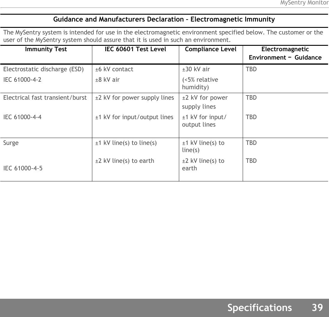 MySentry MonitorSpecifications 39Guidance and Manufacturers Declaration – Electromagnetic ImmunityThe MySentry system is intended for use in the electromagnetic environment specified below. The customer or the user of the MySentry system should assure that it is used in such an environment.Immunity Test IEC 60601 Test Level Compliance Level Electromagnetic Environment – GuidanceElectrostatic discharge (ESD) ±6 kV contact ±30 kV air TBDIEC 61000-4-2 ±8 kV air (&lt;5% relative humidity)Electrical fast transient/burst ±2 kV for power supply lines ±2 kV for power supply linesTBDIEC 61000-4-4 ±1 kV for input/output lines ±1 kV for input/output linesTBDSurge ±1 kV line(s) to line(s) ±1 kV line(s) to line(s)TBDIEC 61000-4-5±2 kV line(s) to earth ±2 kV line(s) to earthTBD