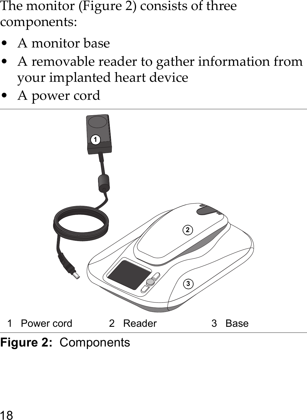 18The monitor (Figure 2) consists of three components:•A monitor base• A removable reader to gather information from your implanted heart device•A power cordFigure 2:  Components 1 Power cord 2 Reader 3 Base123