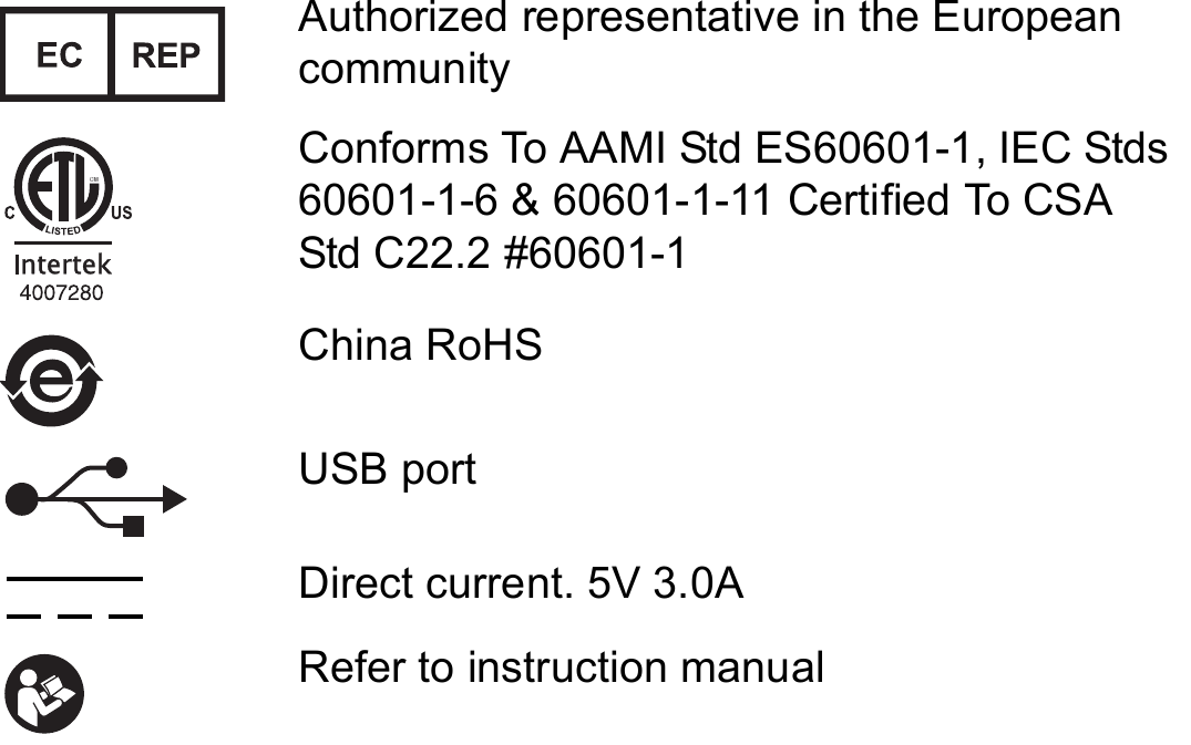Authorized representative in the European communityConforms To AAMI Std ES60601-1, IEC Stds 60601-1-6 &amp; 60601-1-11 Certified To CSA Std C22.2 #60601-1China RoHSUSB portDirect current. 5V 3.0ARefer to instruction manual