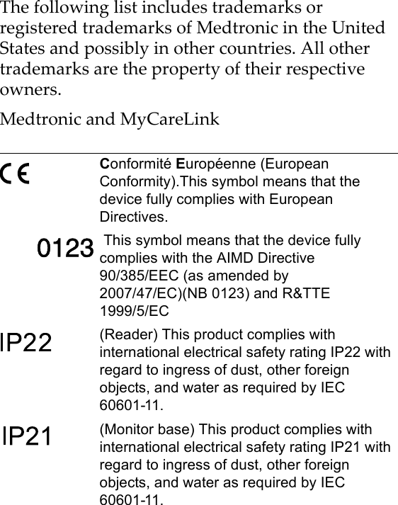 The following list includes trademarks or registered trademarks of Medtronic in the United States and possibly in other countries. All other trademarks are the property of their respective owners.Medtronic and MyCareLinkConformité Européenne (European Conformity).This symbol means that the device fully complies with European Directives. This symbol means that the device fully complies with the AIMD Directive 90/385/EEC (as amended by 2007/47/EC)(NB 0123) and R&amp;TTE 1999/5/EC(Reader) This product complies with international electrical safety rating IP22 with regard to ingress of dust, other foreign objects, and water as required by IEC 60601-11.(Monitor base) This product complies with international electrical safety rating IP21 with regard to ingress of dust, other foreign objects, and water as required by IEC 60601-11.
