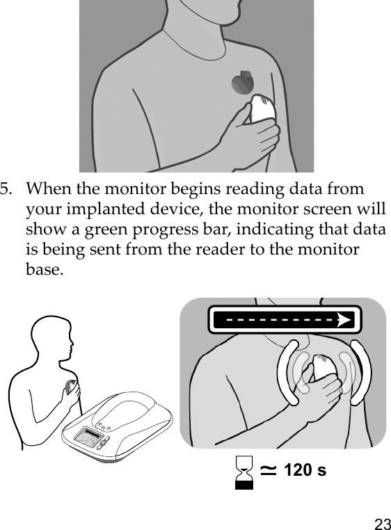 235. When the monitor begins reading data from your implanted device, the monitor screen will show a green progress bar, indicating that data is being sent from the reader to the monitor base. 120 s