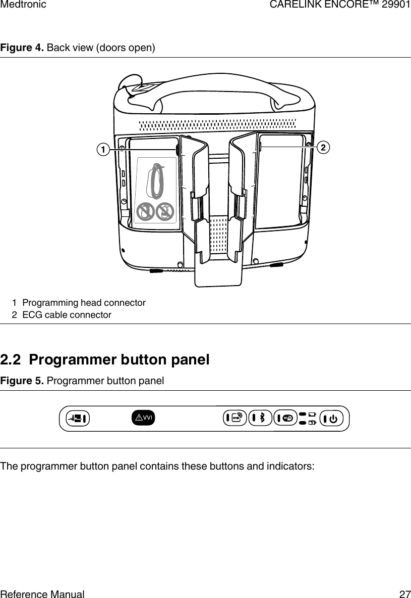 Figure 4. Back view (doors open)1 Programming head connector2 ECG cable connector2.2  Programmer button panelFigure 5. Programmer button panelThe programmer button panel contains these buttons and indicators:Medtronic CARELINK ENCORE™ 29901Reference Manual 27