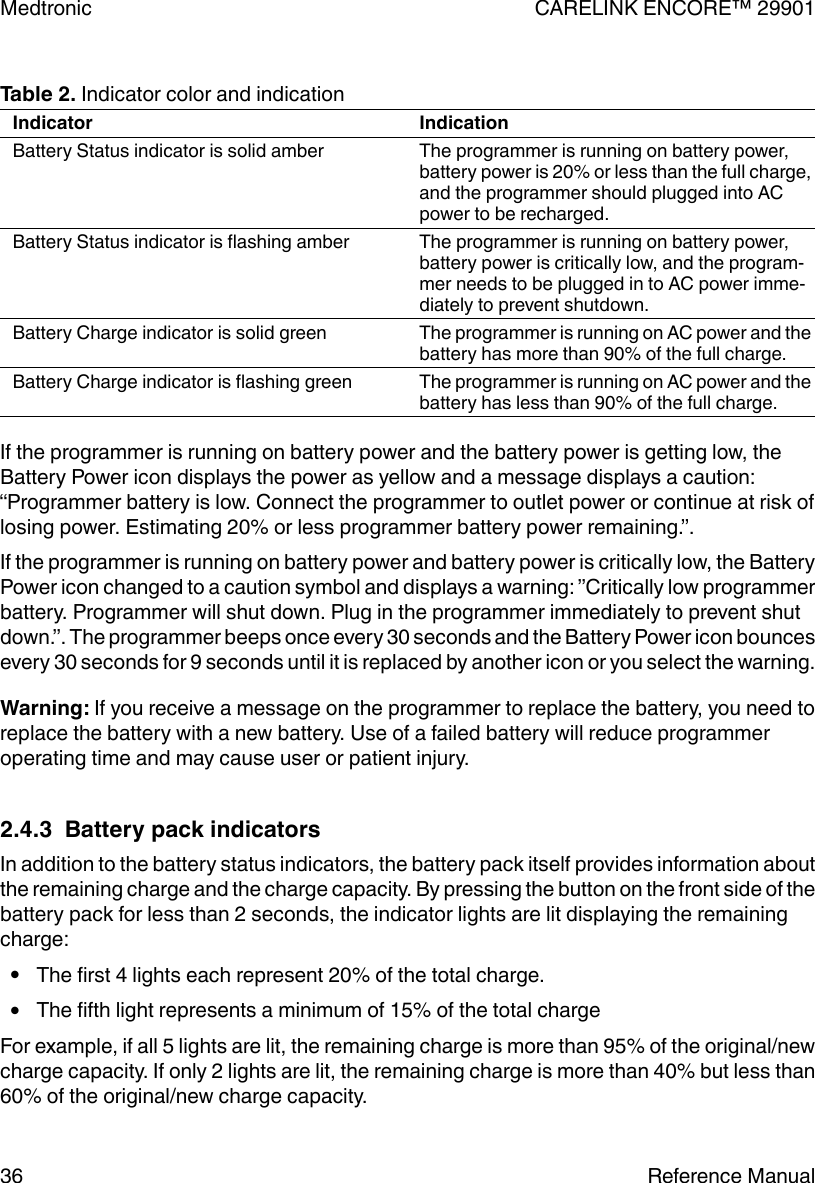 Table 2. Indicator color and indicationIndicator IndicationBattery Status indicator is solid amber The programmer is running on battery power,battery power is 20% or less than the full charge,and the programmer should plugged into ACpower to be recharged.Battery Status indicator is flashing amber The programmer is running on battery power,battery power is critically low, and the program-mer needs to be plugged in to AC power imme-diately to prevent shutdown.Battery Charge indicator is solid green The programmer is running on AC power and thebattery has more than 90% of the full charge.Battery Charge indicator is flashing green The programmer is running on AC power and thebattery has less than 90% of the full charge.If the programmer is running on battery power and the battery power is getting low, theBattery Power icon displays the power as yellow and a message displays a caution:“Programmer battery is low. Connect the programmer to outlet power or continue at risk oflosing power. Estimating 20% or less programmer battery power remaining.”.If the programmer is running on battery power and battery power is critically low, the BatteryPower icon changed to a caution symbol and displays a warning: ”Critically low programmerbattery. Programmer will shut down. Plug in the programmer immediately to prevent shutdown.”. The programmer beeps once every 30 seconds and the Battery Power icon bouncesevery 30 seconds for 9 seconds until it is replaced by another icon or you select the warning.Warning: If you receive a message on the programmer to replace the battery, you need toreplace the battery with a new battery. Use of a failed battery will reduce programmeroperating time and may cause user or patient injury.2.4.3  Battery pack indicatorsIn addition to the battery status indicators, the battery pack itself provides information aboutthe remaining charge and the charge capacity. By pressing the button on the front side of thebattery pack for less than 2 seconds, the indicator lights are lit displaying the remainingcharge:●The first 4 lights each represent 20% of the total charge.●The fifth light represents a minimum of 15% of the total chargeFor example, if all 5 lights are lit, the remaining charge is more than 95% of the original/newcharge capacity. If only 2 lights are lit, the remaining charge is more than 40% but less than60% of the original/new charge capacity.Medtronic CARELINK ENCORE™ 2990136 Reference Manual