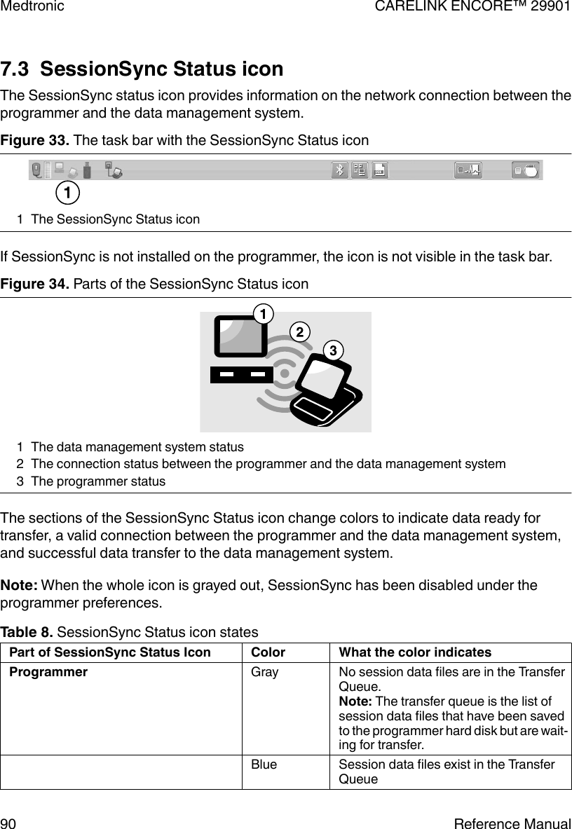 7.3  SessionSync Status iconThe SessionSync status icon provides information on the network connection between theprogrammer and the data management system.Figure 33. The task bar with the SessionSync Status icon1 The SessionSync Status iconIf SessionSync is not installed on the programmer, the icon is not visible in the task bar.Figure 34. Parts of the SessionSync Status icon1 The data management system status2 The connection status between the programmer and the data management system3 The programmer statusThe sections of the SessionSync Status icon change colors to indicate data ready fortransfer, a valid connection between the programmer and the data management system,and successful data transfer to the data management system.Note: When the whole icon is grayed out, SessionSync has been disabled under theprogrammer preferences.Table 8. SessionSync Status icon statesPart of SessionSync Status Icon Color What the color indicatesProgrammer Gray No session data files are in the TransferQueue.Note: The transfer queue is the list ofsession data files that have been savedto the programmer hard disk but are wait-ing for transfer.Blue Session data files exist in the TransferQueueMedtronic CARELINK ENCORE™ 2990190 Reference Manual