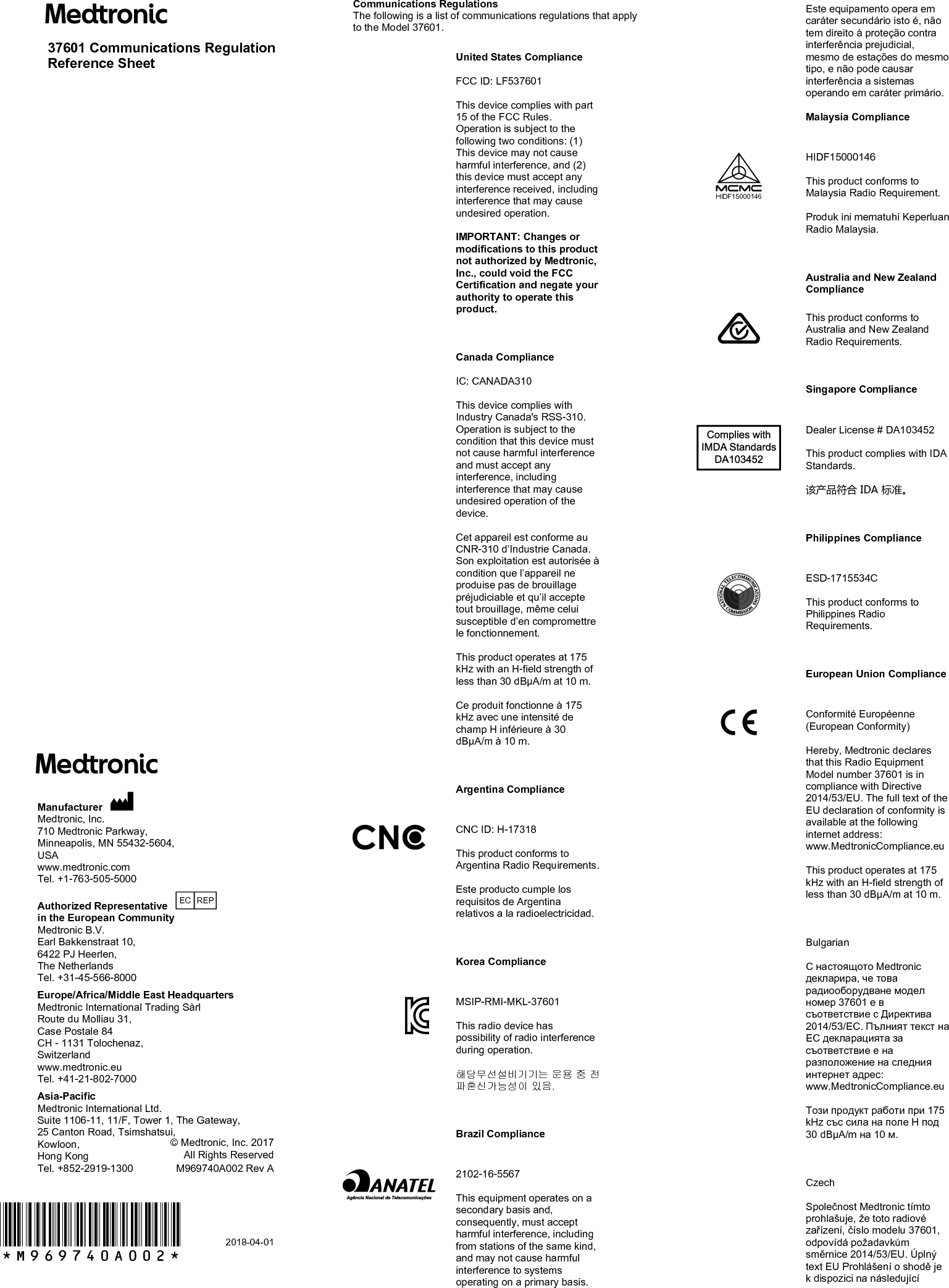 Medtronic 37601 Activa PC User Manual Regulatory Statements