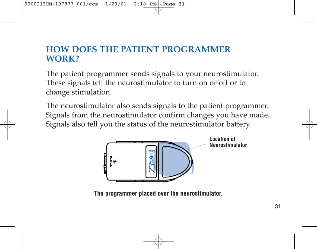 HOW DOES THE PATIENT PROGRAMMERWORK?The patient programmer sends signals to your neurostimulator.These signals tell the neurostimulator to turn on or off or tochange stimulation.The neurostimulator also sends signals to the patient programmer.Signals from the neurostimulator confirm changes you have made.Signals also tell you the status of the neurostimulator battery.The programmer placed over the neurostimulator.31Location of Neurostimulator9900213EN/197877_001/ccs  1/29/01  2:18 PM  Page 31