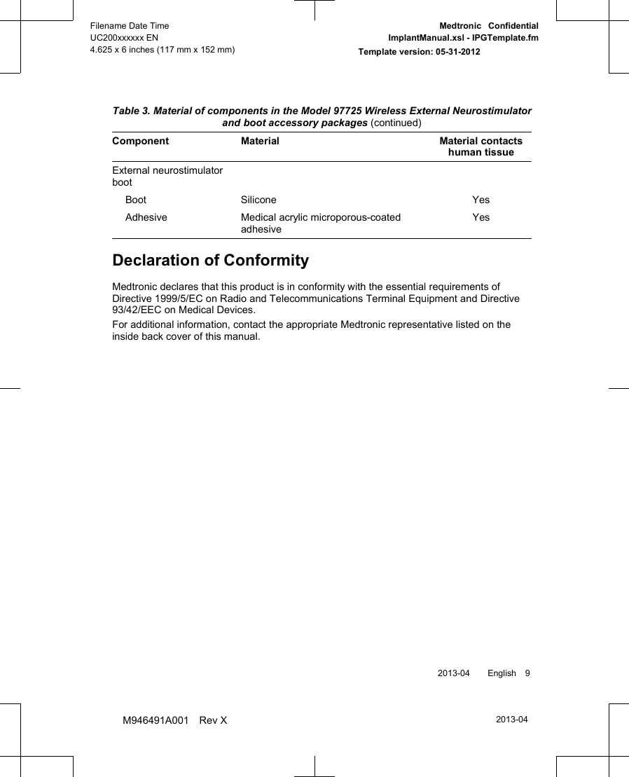  Table 3. Material of components in the Model 97725 Wireless External Neurostimulatorand boot accessory packages (continued)Component Material Material contactshuman tissueExternal neurostimulatorbootBoot Silicone YesAdhesive Medical acrylic microporous-coatedadhesiveYesDeclaration of ConformityMedtronic declares that this product is in conformity with the essential requirements ofDirective 1999/5/EC on Radio and Telecommunications Terminal Equipment and Directive93/42/EEC on Medical Devices.For additional information, contact the appropriate Medtronic representative listed on theinside back cover of this manual. 2013-04  English 92013-04Filename Date TimeUC200xxxxxx EN4.625 x 6 inches (117 mm x 152 mm)Medtronic  ConfidentialImplantManual.xsl - IPGTemplate.fmTemplate version: 05-31-2012M946491A001 Rev X