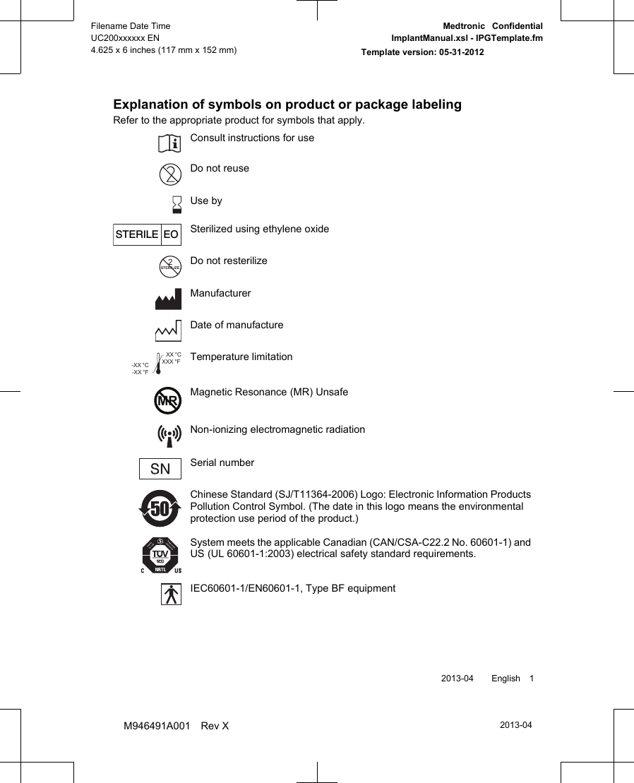 Explanation of symbols on product or package labelingRefer to the appropriate product for symbols that apply.Consult instructions for useDo not reuseUse bySTERILE EOSterilized using ethylene oxideSTERILIZE2Do not resterilizeManufacturerDate of manufactureXXX °FXX °C-XX °F-XX °CTemperature limitationMRMagnetic Resonance (MR) UnsafeNon-ionizing electromagnetic radiationSerial numberChinese Standard (SJ/T11364-2006) Logo: Electronic Information ProductsPollution Control Symbol. (The date in this logo means the environmentalprotection use period of the product.)System meets the applicable Canadian (CAN/CSA-C22.2 No. 60601-1) andUS (UL 60601-1:2003) electrical safety standard requirements.IEC60601-1/EN60601-1, Type BF equipment 2013-04  English 12013-04Filename Date TimeUC200xxxxxx EN4.625 x 6 inches (117 mm x 152 mm)Medtronic  ConfidentialImplantManual.xsl - IPGTemplate.fmTemplate version: 05-31-2012M946491A001 Rev X