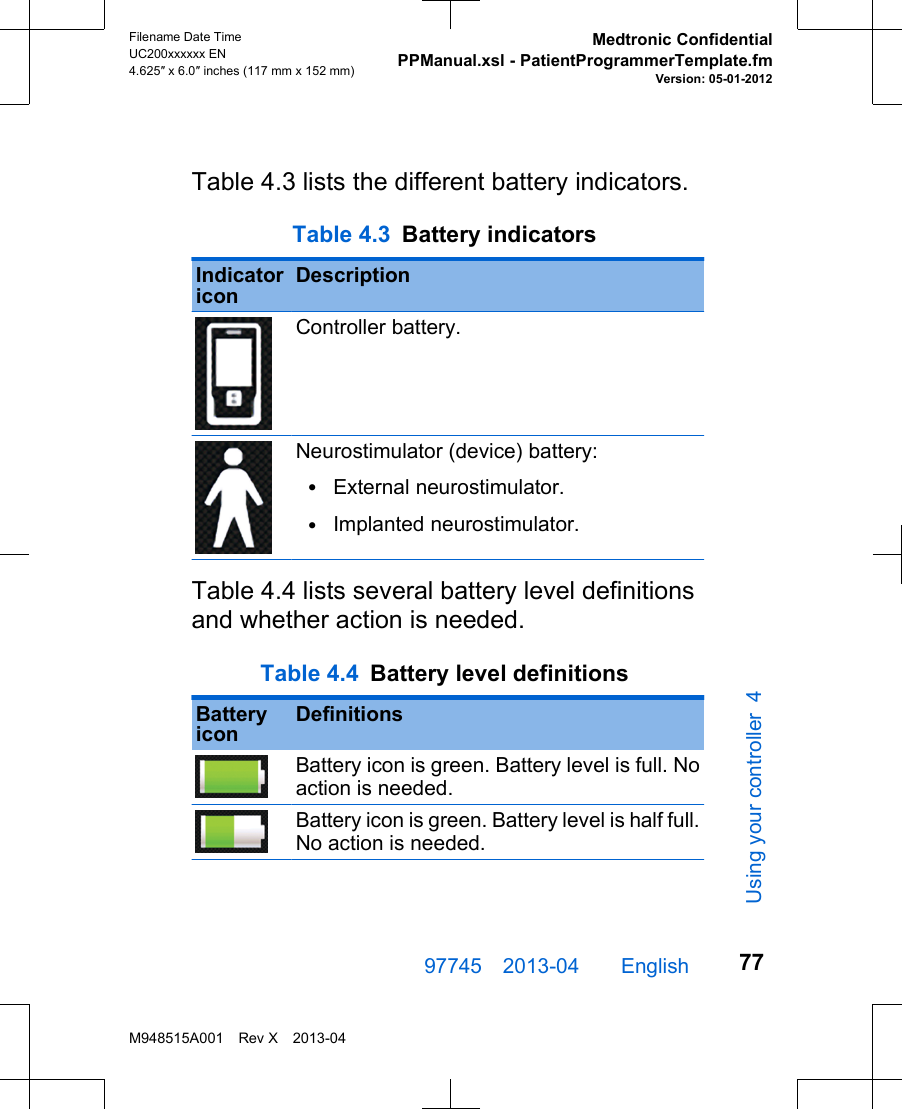 Table 4.3 lists the different battery indicators. Table 4.3 Battery indicators IndicatoriconDescriptionController battery.Neurostimulator (device) battery:•External neurostimulator.•Implanted neurostimulator.Table 4.4 lists several battery level definitionsand whether action is needed. Table 4.4 Battery level definitions BatteryiconDefinitionsBattery icon is green. Battery level is full. Noaction is needed.Battery icon is green. Battery level is half full.No action is needed.97745 2013-04  English Filename Date TimeUC200xxxxxx EN4.625″ x 6.0″ inches (117 mm x 152 mm)Medtronic ConfidentialPPManual.xsl - PatientProgrammerTemplate.fmVersion: 05-01-2012M948515A001 Rev X 2013-0477Using your controller 4