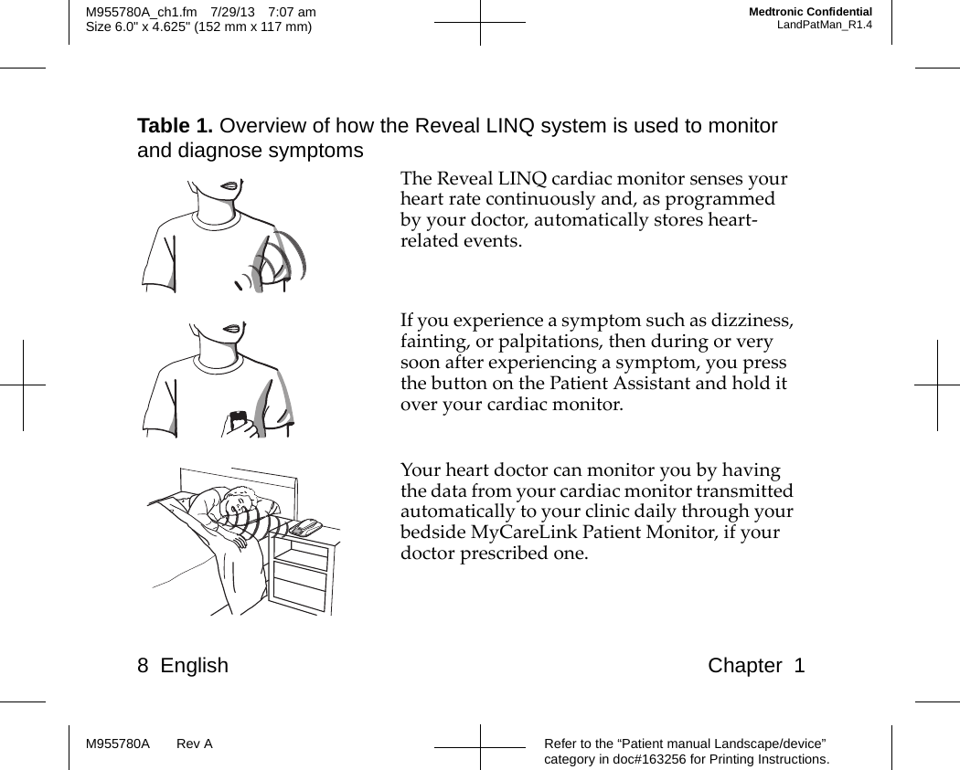 8 English Chapter 1Refer to the “Patient manual Landscape/device” category in doc#163256 for Printing Instructions.M955780A Rev AM955780A_ch1.fm 7/29/13 7:07 amSize 6.0&quot; x 4.625&quot; (152 mm x 117 mm)Medtronic ConfidentialLandPatMan_R1.4Table 1. Overview of how the Reveal LINQ system is used to monitor and diagnose symptomsThe Reveal LINQ cardiac monitor senses your heart rate continuously and, as programmed by your doctor, automatically stores heart-related events. If you experience a symptom such as dizziness, fainting, or palpitations, then during or very soon after experiencing a symptom, you press the button on the Patient Assistant and hold it over your cardiac monitor.Your heart doctor can monitor you by having the data from your cardiac monitor transmitted automatically to your clinic daily through your bedside MyCareLink Patient Monitor, if your doctor prescribed one.