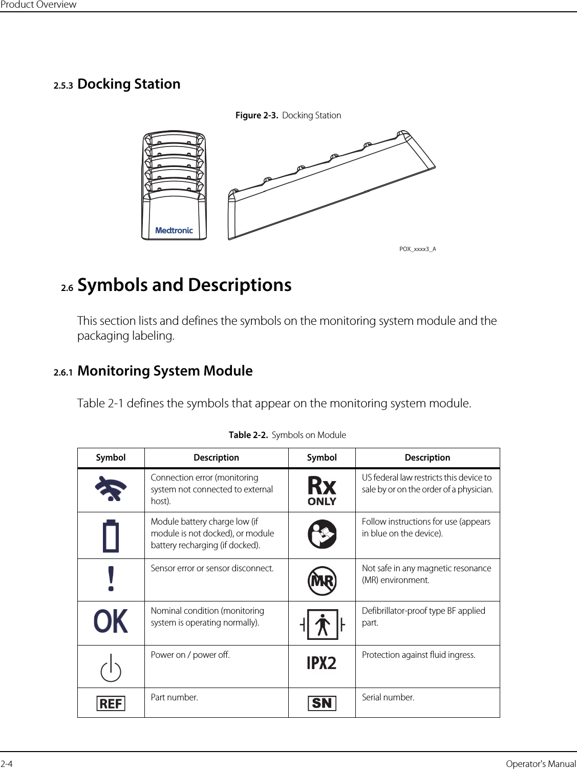 Product Overview2-4   Operator&apos;s Manual2.5.3 Docking StationFigure2-3.Docking Station2.6 Symbols and DescriptionsThis section lists and defines the symbols on the monitoring system module and the packaging labeling.2.6.1 Monitoring System ModuleTable 2-1 defines the symbols that appear on the monitoring system module.Table2-2.Symbols on ModuleSymbol Description Symbol DescriptionConnection error (monitoring system not connected to external host).US federal law restricts this device to sale by or on the order of a physician.Module battery charge low (if module is not docked), or module battery recharging (if docked).Follow instructions for use (appears in blue on the device).Sensor error or sensor disconnect. Not safe in any magnetic resonance (MR) environment.Nominal condition (monitoring system is operating normally).Defibrillator-proof type BF applied part.Power on / power off. Protection against fluid ingress.Part number. Serial number.